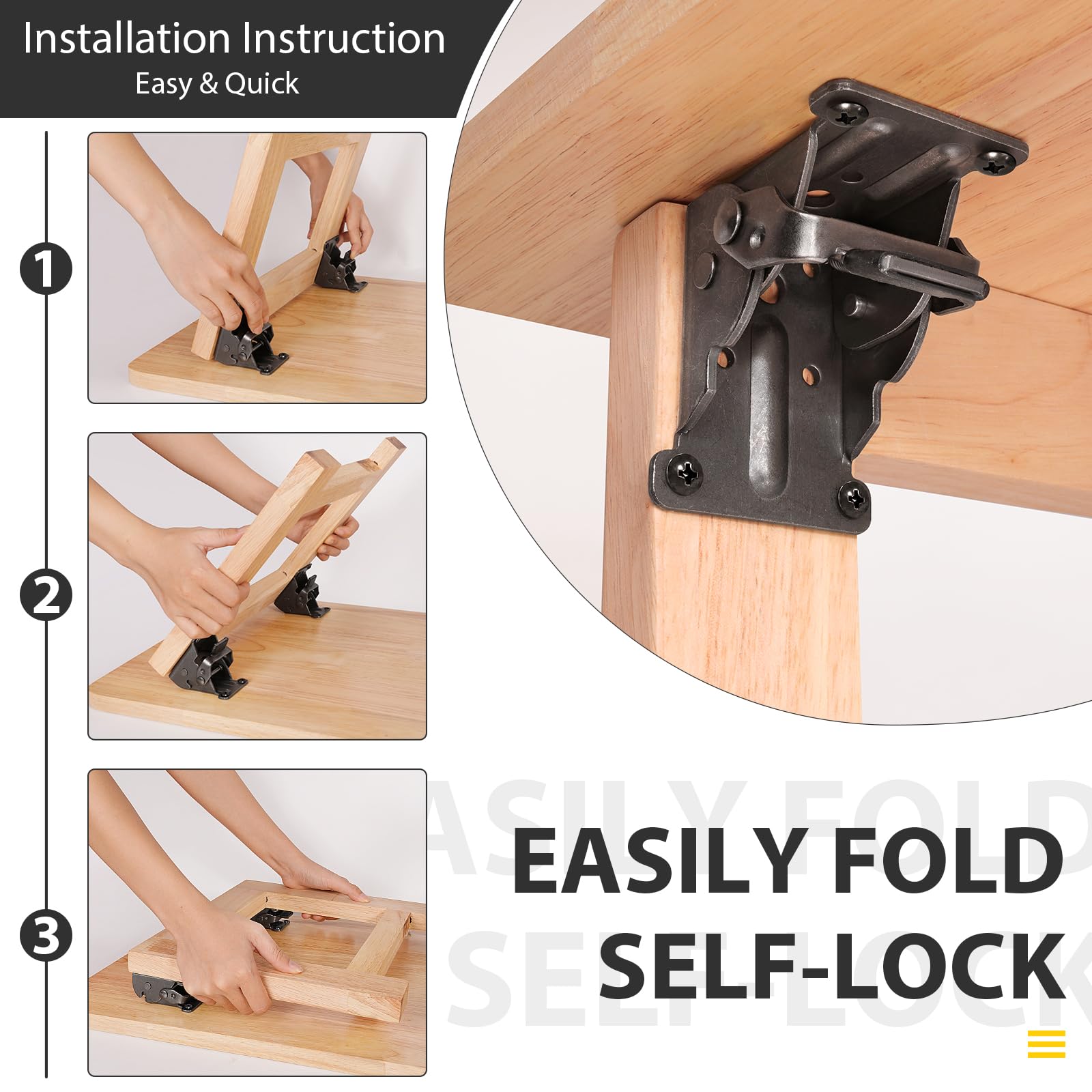 4 Pack Folding Brackets, Self-Lock Hinge with Screws for Folding Table Legs, Lock Extension Support Bracket Bed Legs, Black