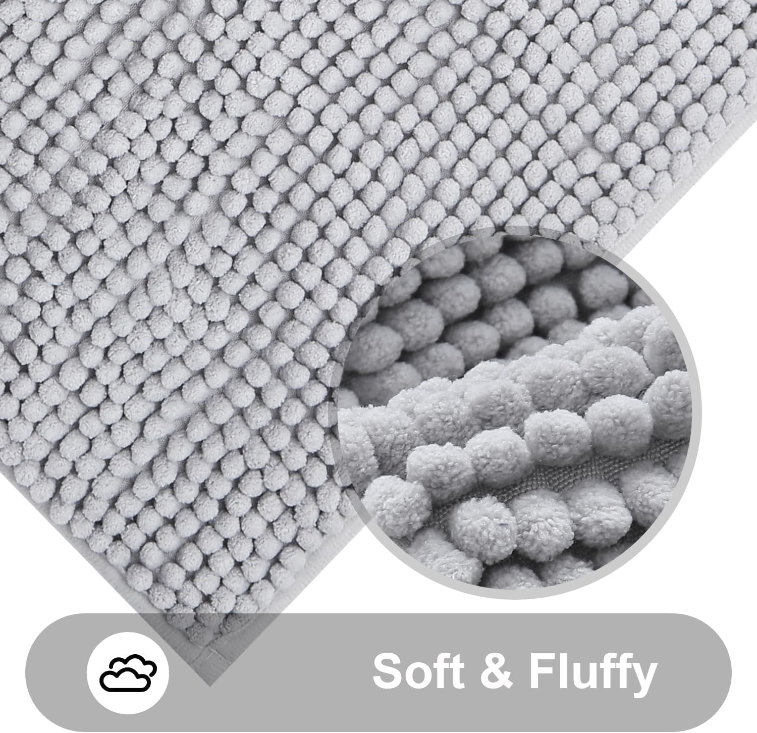 Kitinjoy Non Slip Chenille Bath Mat, Extra Soft Bathroom Mat, Super Absorbent Fluffy Bath Mats for Bathroom, Machine-Washable Quick Dry Bath Rug Foot Mat, 20"x32", Grey