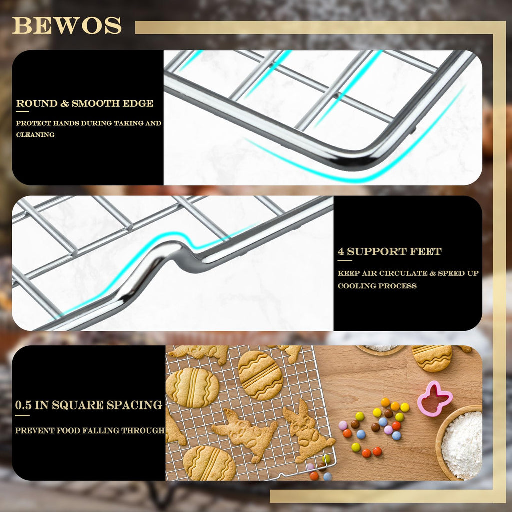 BEWOS Cooling Racks for Cooking and Baking - 3 Pieces Stainless Steel Baking Racks, 15.8'' x 10'', Wire Rack for Grilling and Roasting, Oven & Dishwasher Safe, Silver