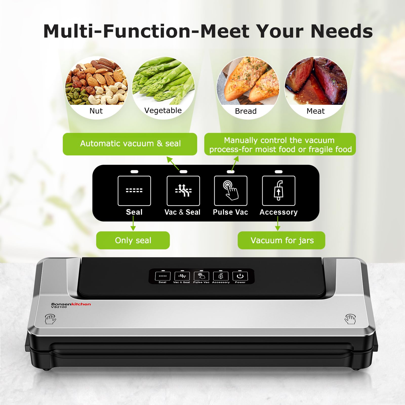 Bonsenkitchen Vacuum Sealer Machine, 90Kpa Powerful Food Sealer, Multi-Functional Food Vacuum Sealer with Vacuum Bags & Accessory Hose,Globefish Technology for High-Speed Continuous Working, Silver