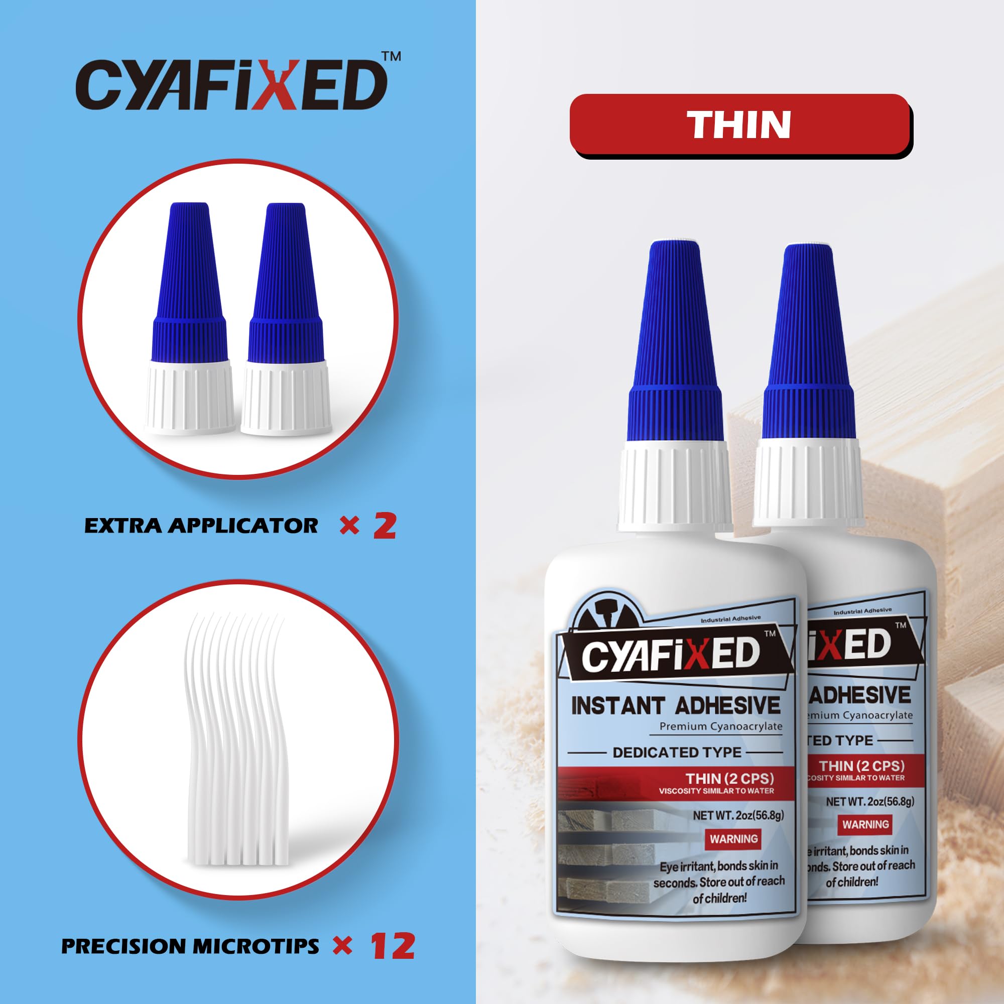 CYAFIXED Professional Grade Cyanoacrylate Super Glue, Super Thin Viscosity CA Glue for Woodworking, 4 oz. Value Pack - Instant Adhesive for Woodturning, Pen Turning, Finish & Hobby