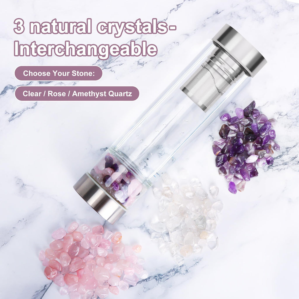 DiDiBirDi 500ml Crystal Water Bottle with Removable Strainer - Includes Amethyst & Rose Quartz Stones, for Tea Lovers
