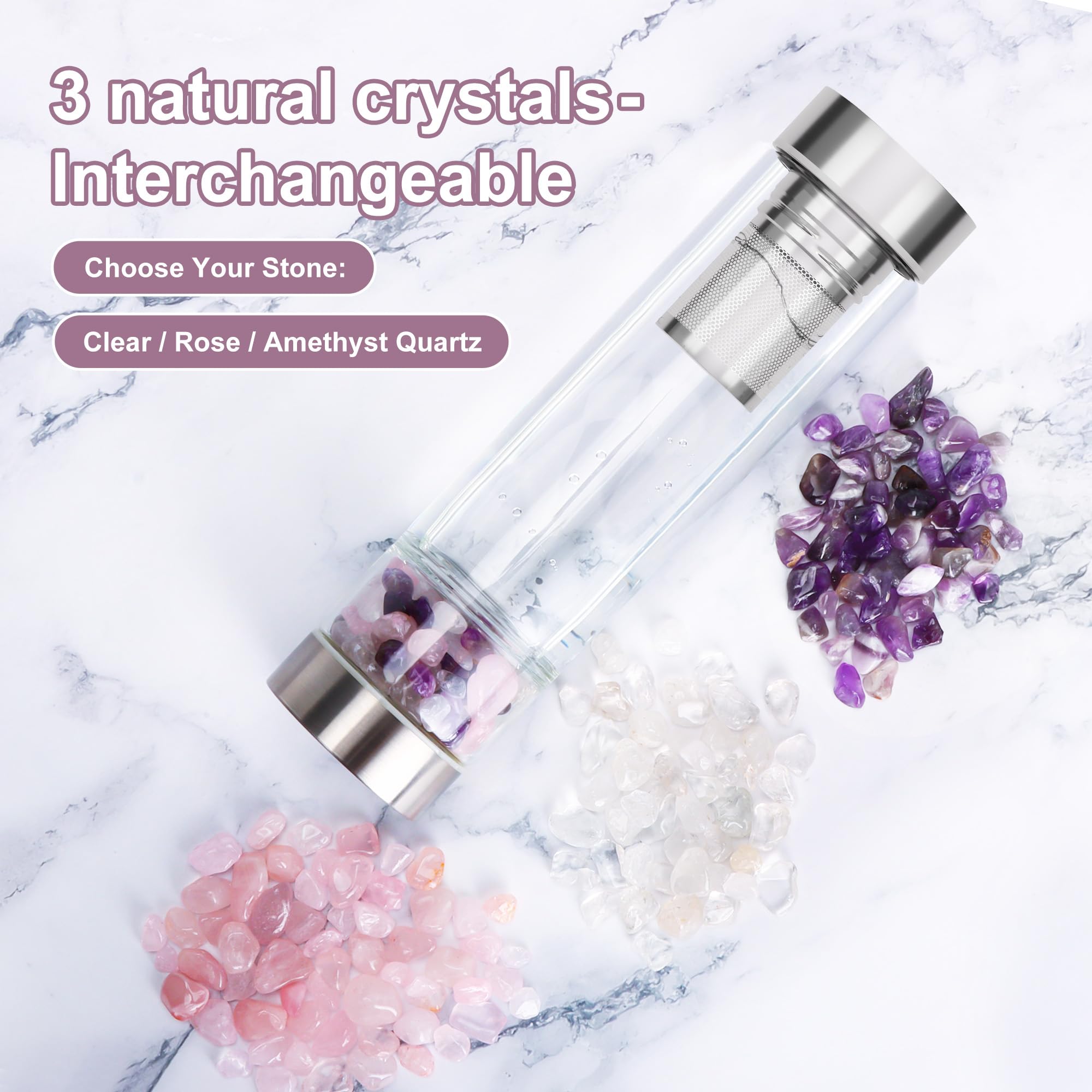 DiDiBirDi 500ml Crystal Water Bottle with Removable Strainer - Includes Amethyst & Rose Quartz Stones, for Tea Lovers