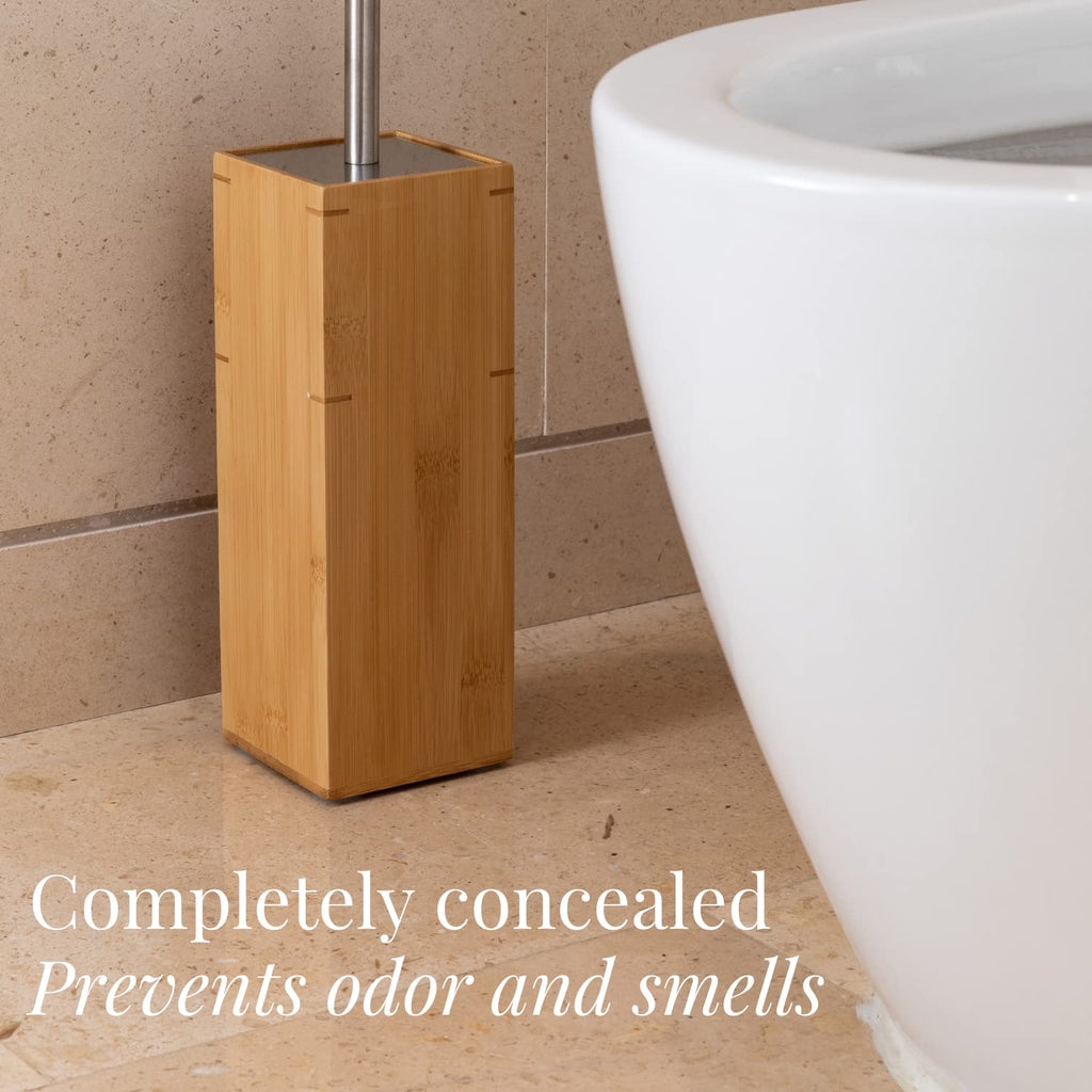 GOBAM Bamboo Toilet Brush and Holder for All Toilet Types - Stainless Steel Handle and Lid - Water Resistant - Toilet Brush Set - Bathroom Cleaning Supplies - Natural