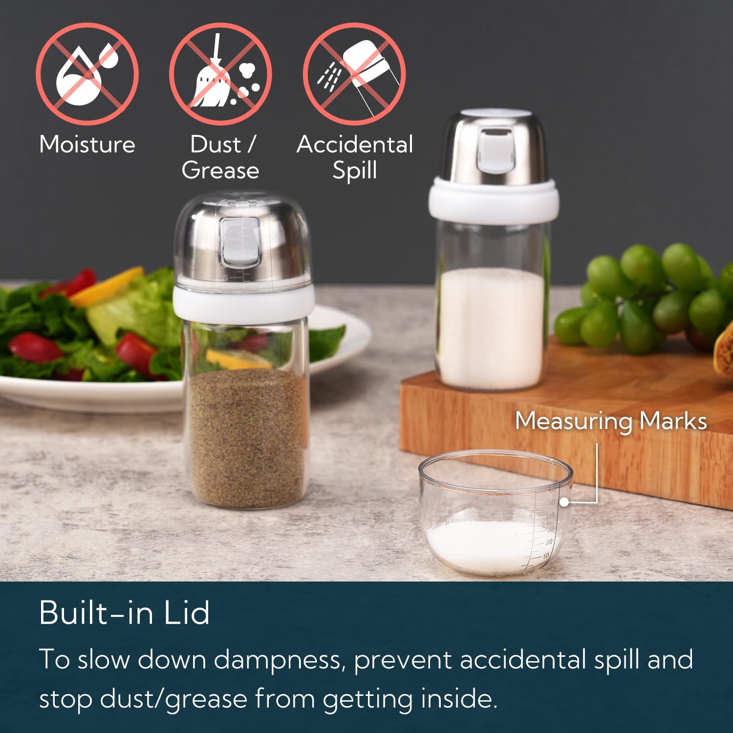 KTCHENDAO 2 in 1 Glass Salt and Pepper Shaker with Side Pour Spout, Built-in Lid to Slow Down Dampness with Measuring Marks, Elegant Borosilicate Glass Salt Dispenser for Kitchen, BPA Free,4oz (White)