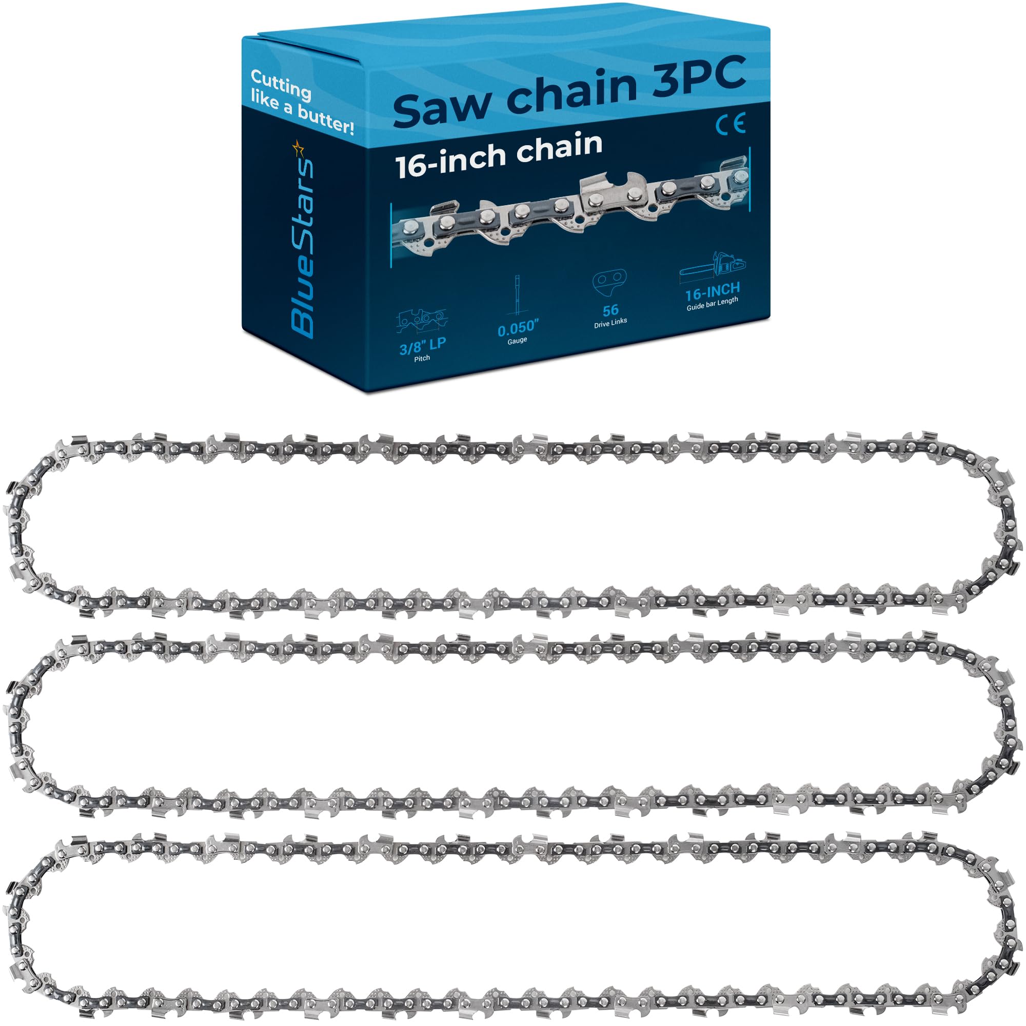 BlueStars 3 Packs 16-inch Chainsaw Chain 3/8" LP Pitch .050" Gauge 56 Drive Links - Compatible with Craftsman Echo CS-280 CS-302 CS-305 CS-306 Greenworks Homelite Husqvarna 135 136 137 Chainsaw S56