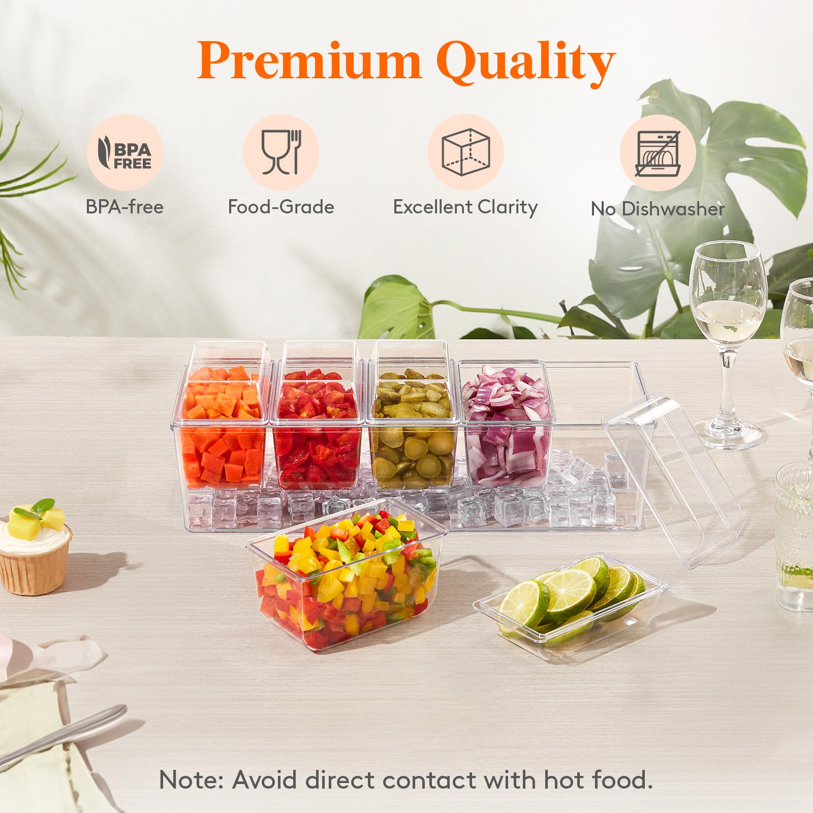 Lifewit Ice Chilled Condiment Caddy with 5 Containers(2.5 Cup), Condiment Server with Separate Lids, Serving Tray Platter with Removable Dishes for Bar Accessories, Fruit, Salad, Taco, Party Garnish