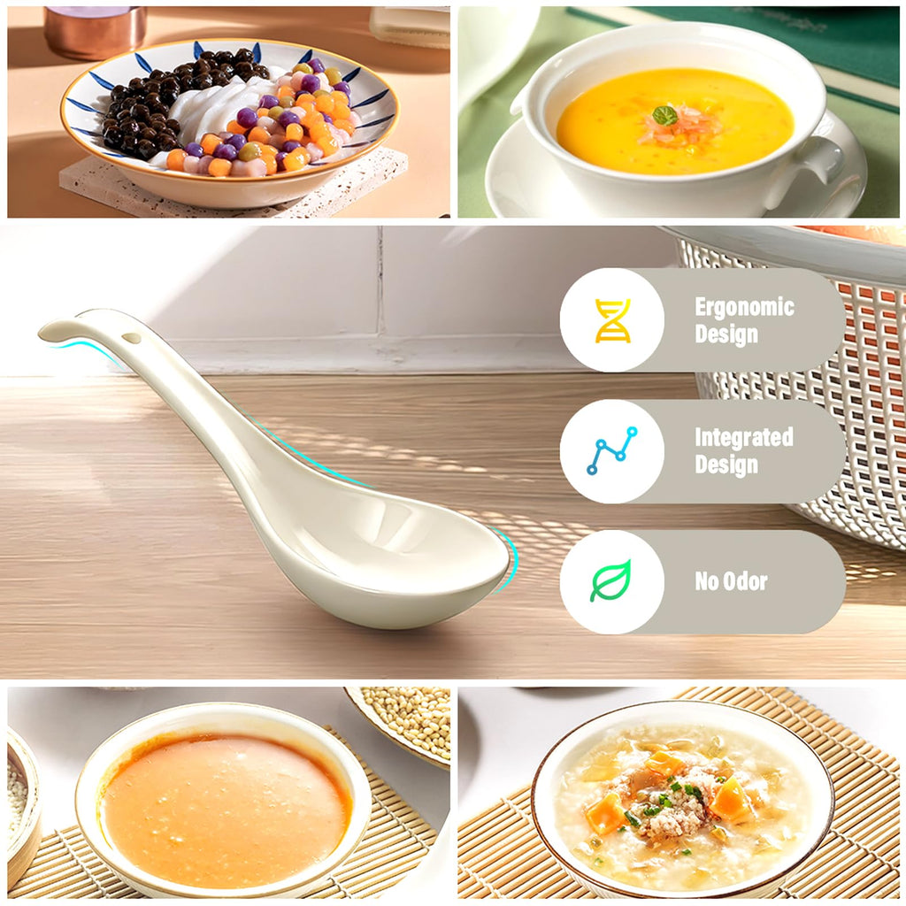 IQCWOOD White Asian Soup Spoons Set of 6, 6.75 inch Porcelain Spoon, Japanese Soup Spoons for Cereal Ramen- Deep Oval Hook Design