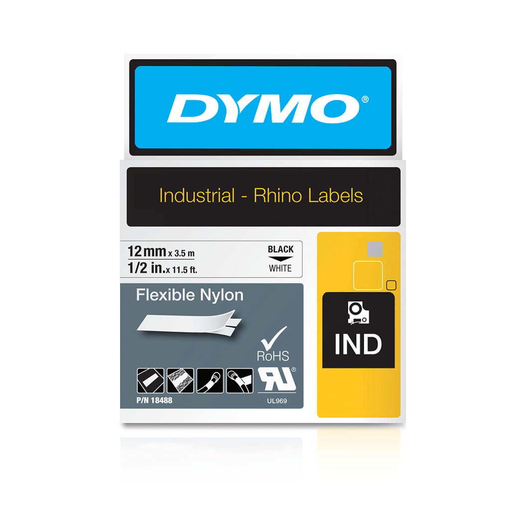 DYMO Rhino Industrial Flexible Nylon Labels, Authentic DYMO Labels, for Labeling Wires, Cables and More (1/2", Black on White)
