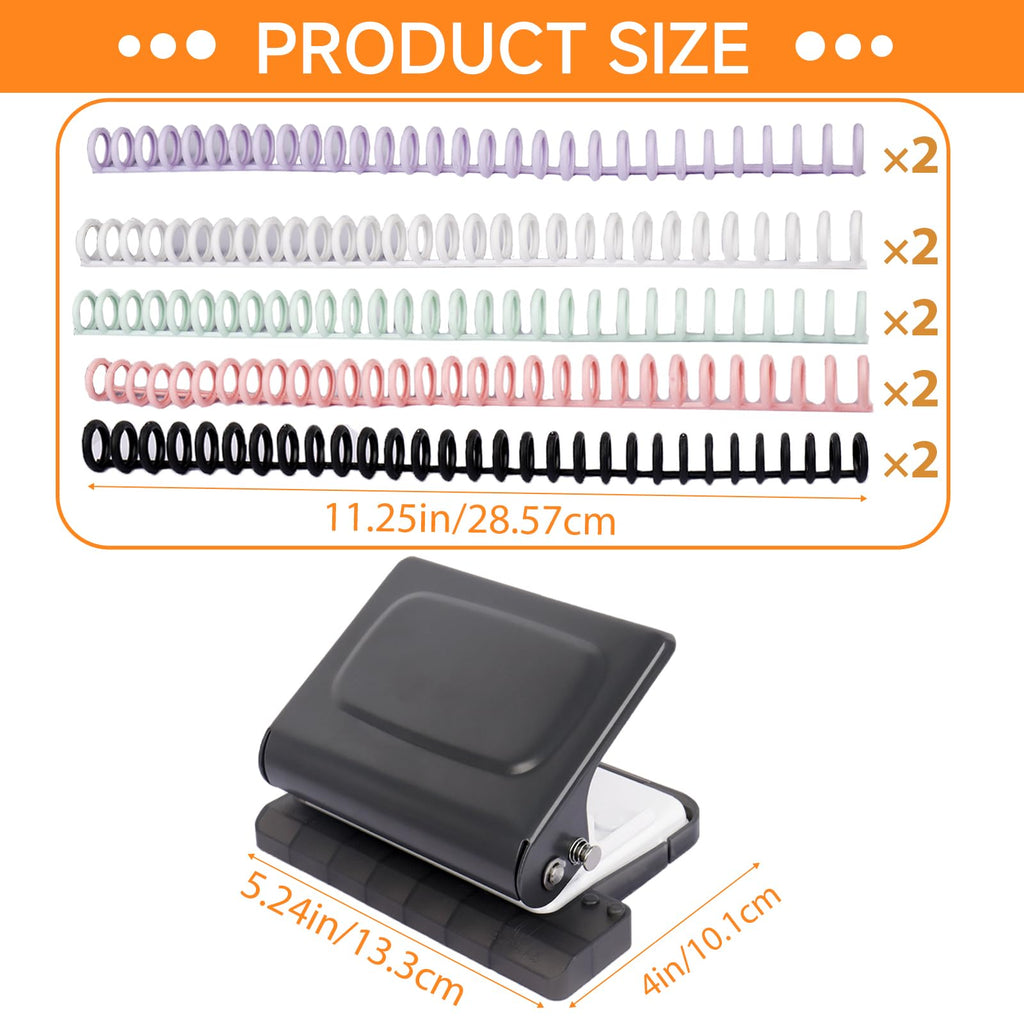 TUAKIMCE 10-Hole Punch Binding Machine for Planners, Mini Metal Manual Binding System with 10 Multi-Color Binder Rings, Punches 30 Holes on A4, 20 Holes on A5, 26 Holes on B5