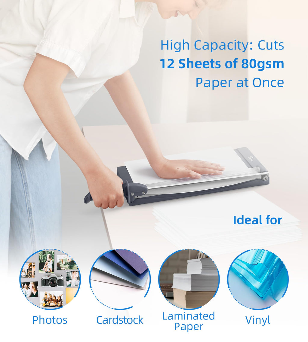 Firbon 12" Guillotine Paper Cutter with Hidden Ruler, Compact Heavy Duty 12-Sheet Capacity Trimmer for Cardstock, Photos, Scrapbooking, Office, Classroom, Studio (Gray)