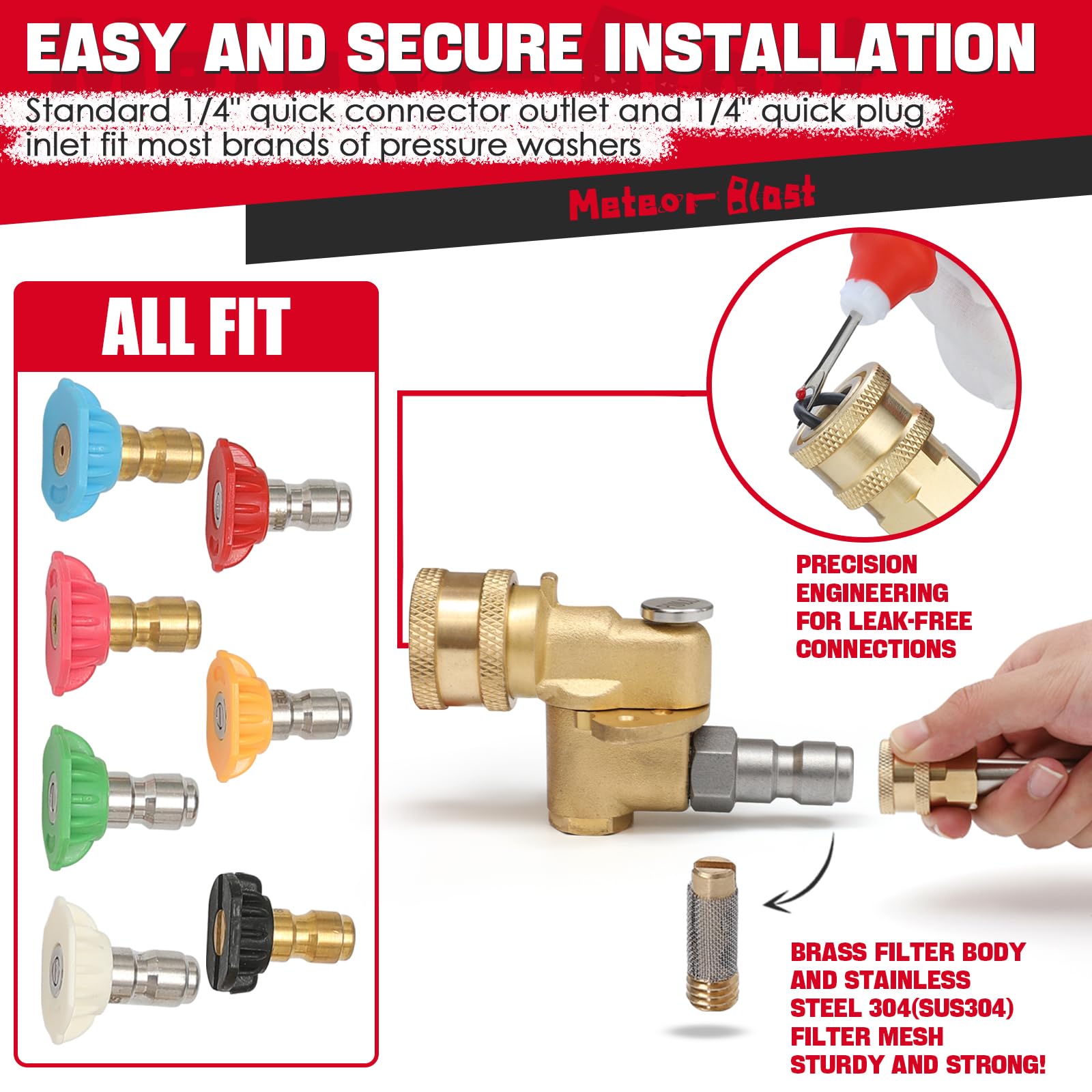 Meteor Blast Quick Connecting Pivoting Coupler Attachment 120 Degree with 5 Angles and Safety Lock for Pressure Washer Spray Nozzle, Cleaning Hard to Reach Area Max 5000 PSI 1/4 Inch Plug