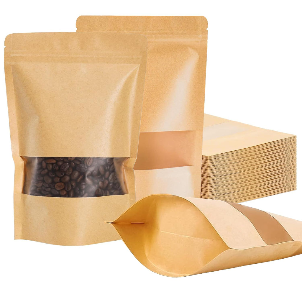 Matomtak Kraft Stand Up Bulk Pouches Resealable Paper Ziplock Bags with Window, 100 Pcs Sealable Food Storage Packaging Bags for Home and Business (Brown, 12x20cm/4.7x7.9inch)