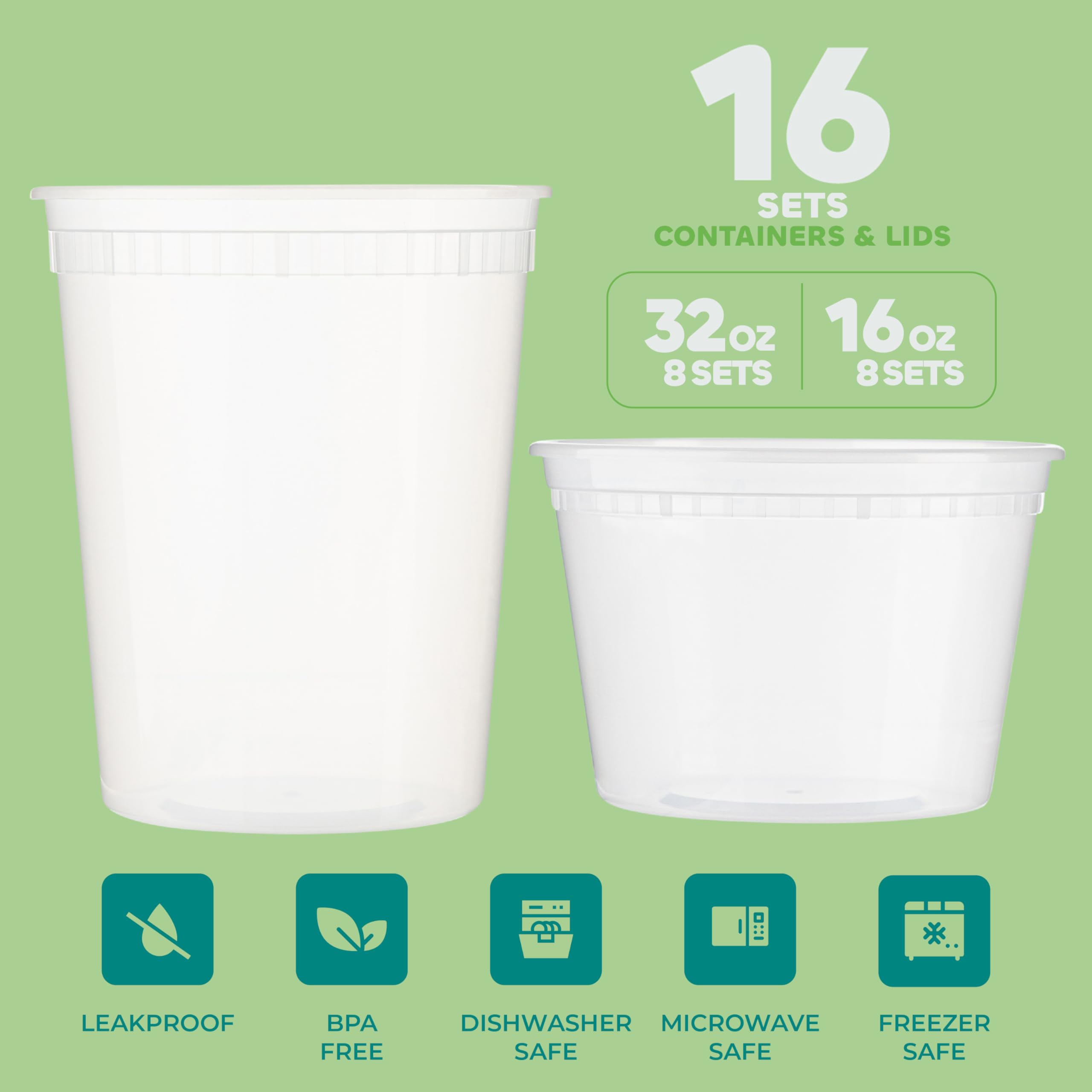 Deli Food Containers with Lids - (16 Sets) 8-32 Oz Quart Size & 8-16 Oz Pint Size Airtight Food Storage Takeout Meal Prep Containers, BPA-Free, Dishwasher, Microwave Safe