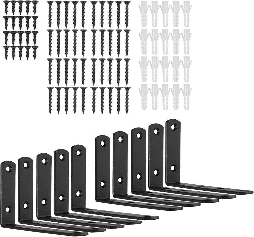 Kamtop 10 PCS L Shelf Brackets, 5 Inch x 3 Inch Heavy Duty Corner Brace, 90 Degree Joint Angle Bracket Wall Hanging L Shape Right Angle Shelf Bracket with Screws, Black