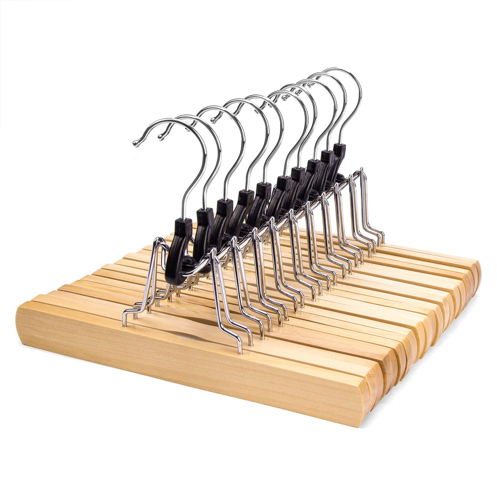 Nature Smile Wooden Trouser Hangers, 10 Pieces Non-Slip Skirt Hangers, Hair Extension Hangers, Jeans/Slack Hangers with 360° Rotating Hook - Pants Clip Hangers (Natural)