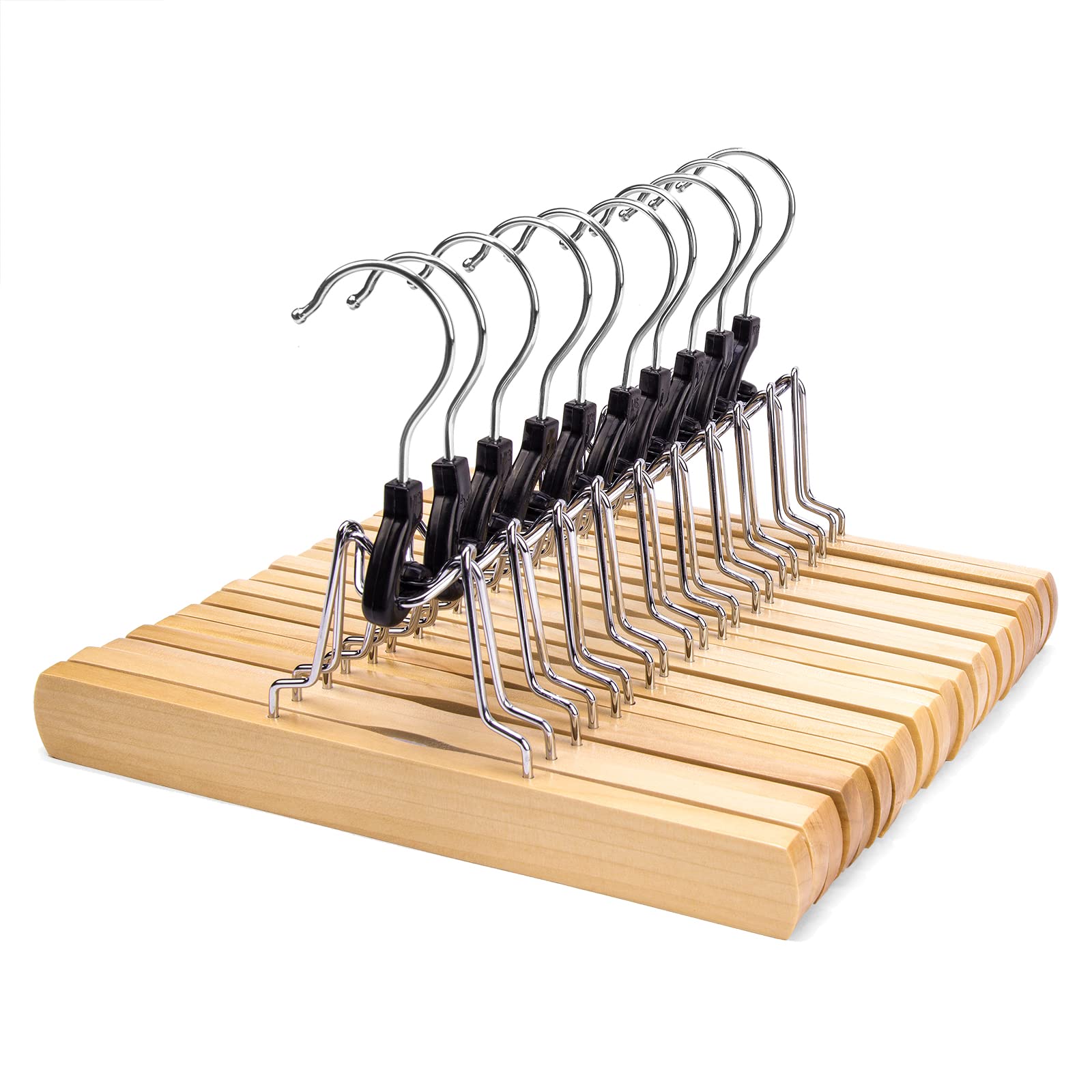 Nature Smile Wooden Trouser Hangers, 10 Pieces Non-Slip Skirt Hangers, Hair Extension Hangers, Jeans/Slack Hangers with 360° Rotating Hook - Pants Clip Hangers (Natural)