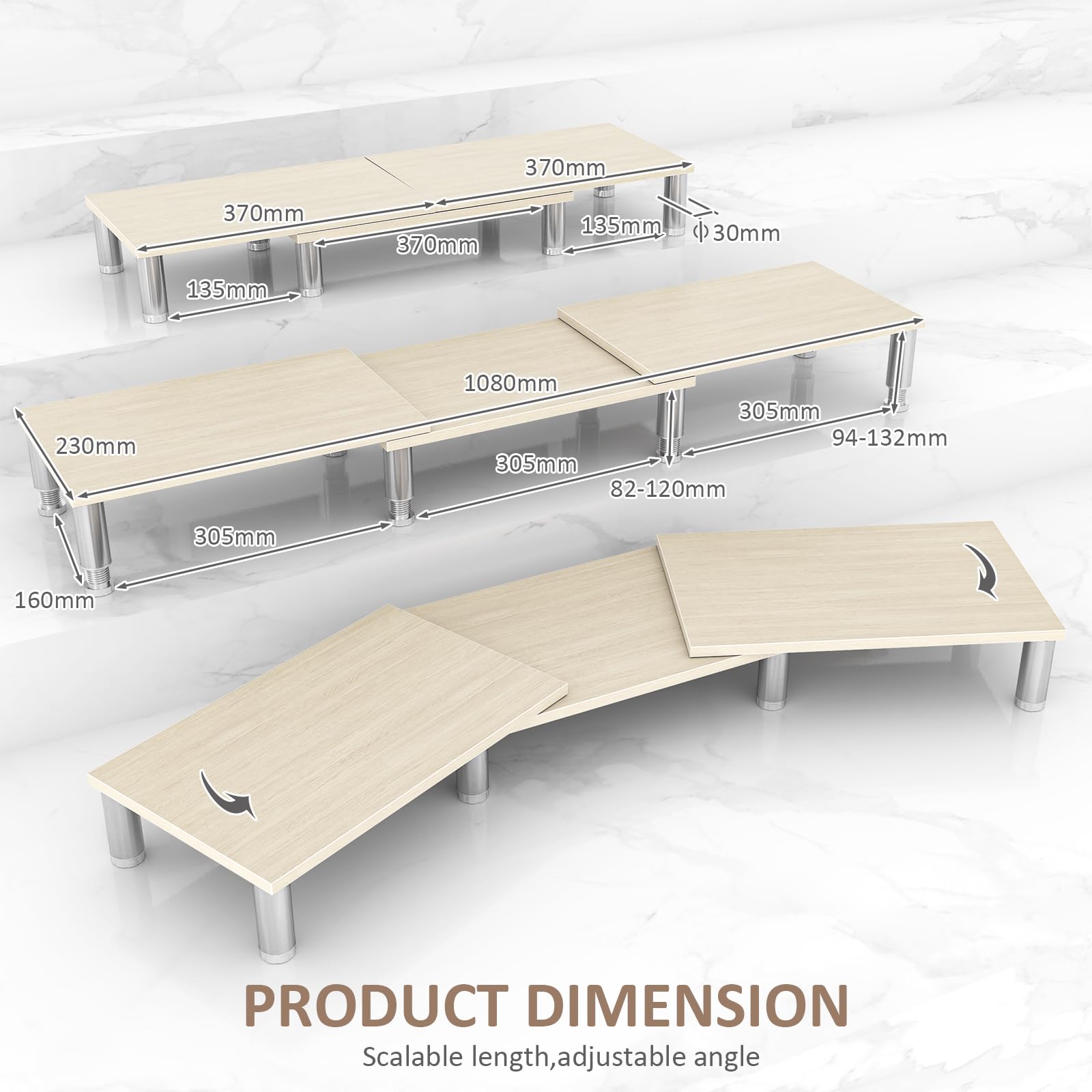 Dual Monitor Stand Riser, Monitor Stand with Adjustable Height Steel leg, Wood Monitor Stand for Desk, Monitor Riser for 2 Monitors with Storage Space