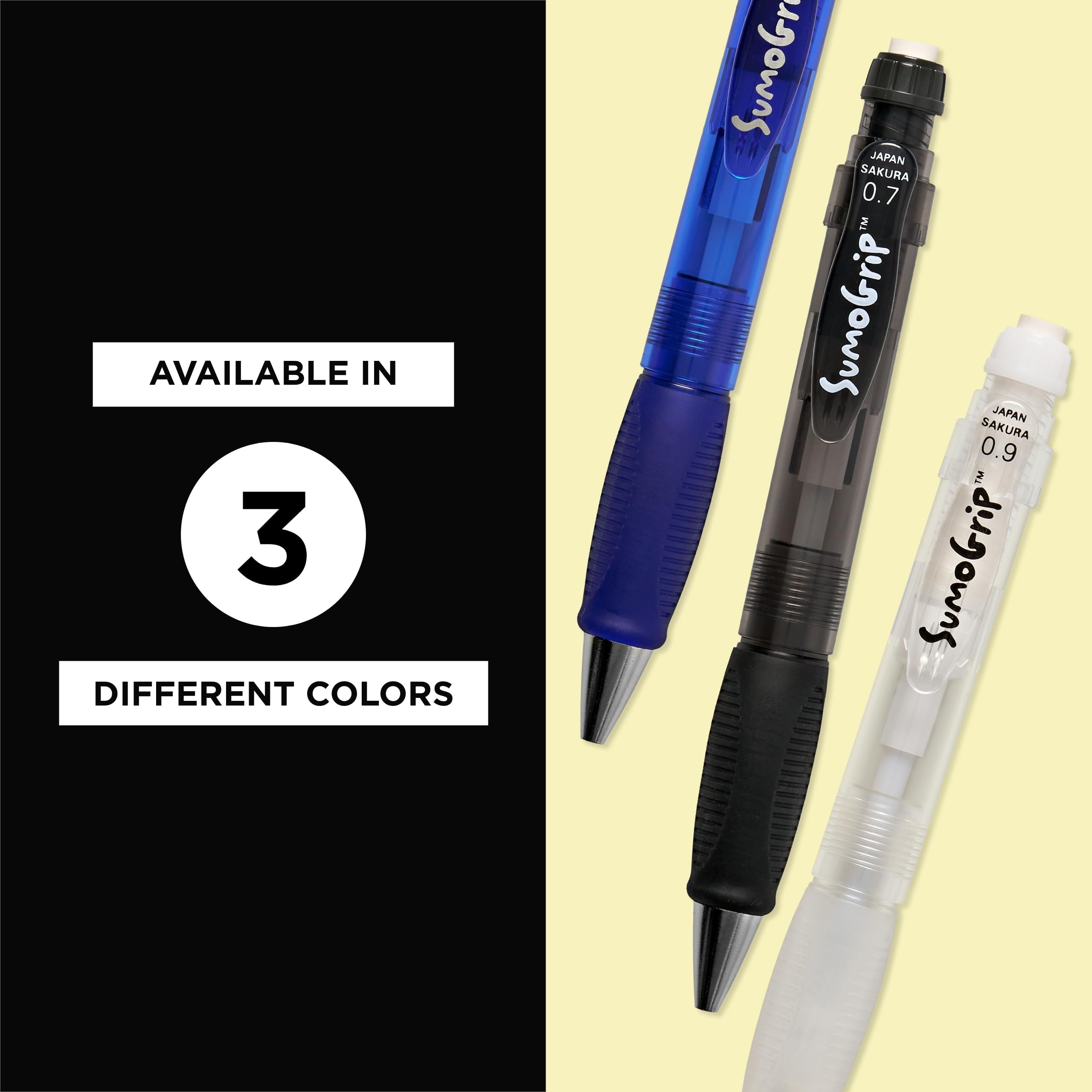 Sakura SumoGrip Pencil with Comfort Grip - 0.9 mm Ergonomic Mechanical Pencil - Clear - 3 Pack