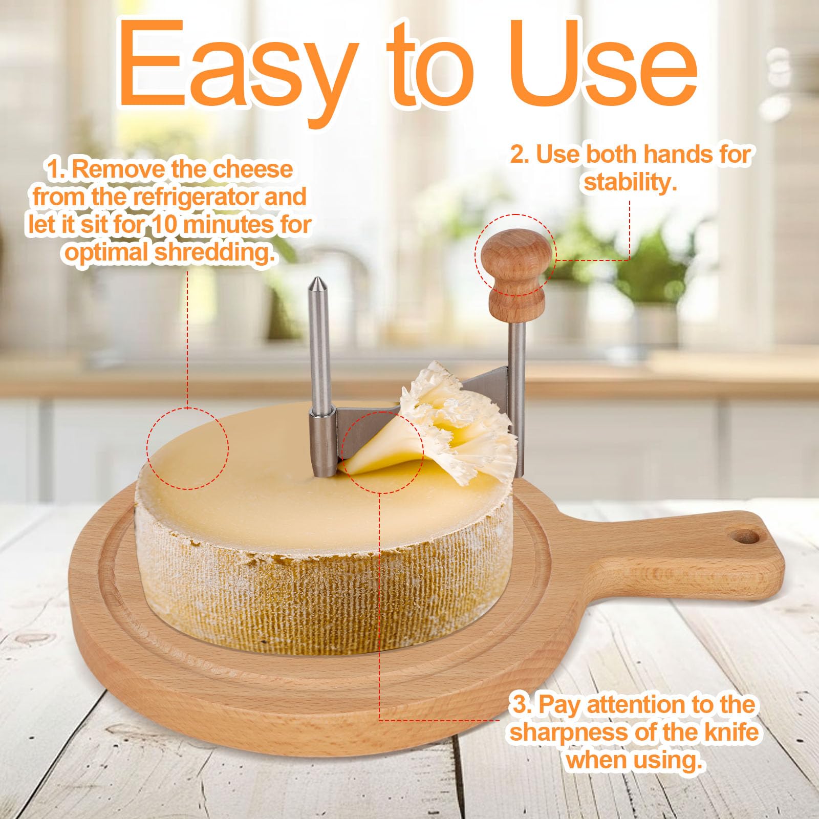 Wooden Cheese Wheel Cutter, Stainless Steel Round Cheese Curler Slicer Maker Shaver with Handle Kitchen Accessories for Butter Chocolate Home Restaurants Cafes Bakery