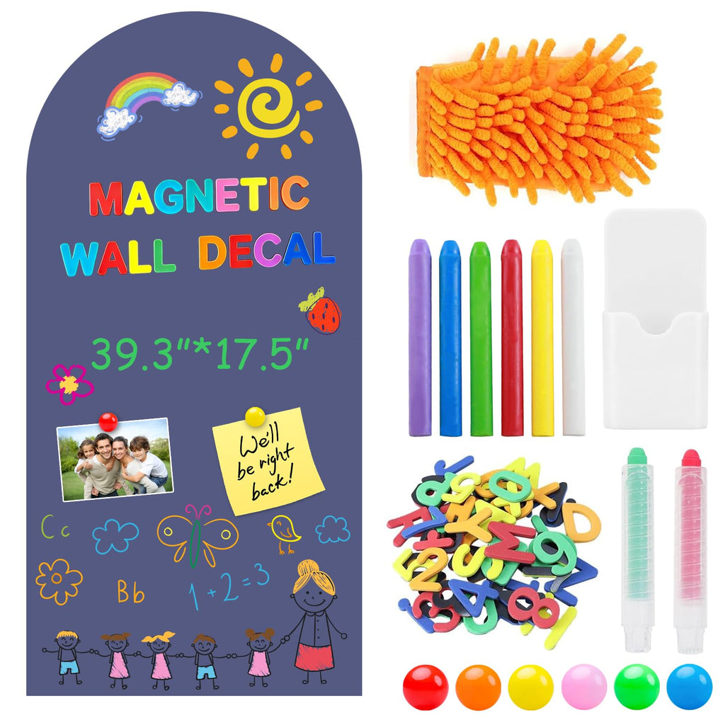 Magnetic Chalkboard for Wall Large Arch Magnetic Wall Decal Peel and Stick Self Adhesive Blackboard with 79 Magnetic Letters Dust-Free Chalk Marker Holder for Playroom Home School Classroom