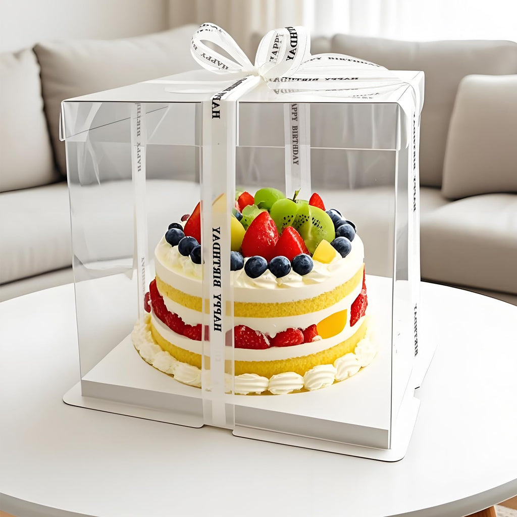 Seuqhck 6 Pack Clear Cake Box with Ribbon, 25.4 cm Tall PET Cake Carrier Boxes 2-Layer Transparent Gift Packaging Box with Lid for Wedding, Birthday, Festival Cakes Display and Transport