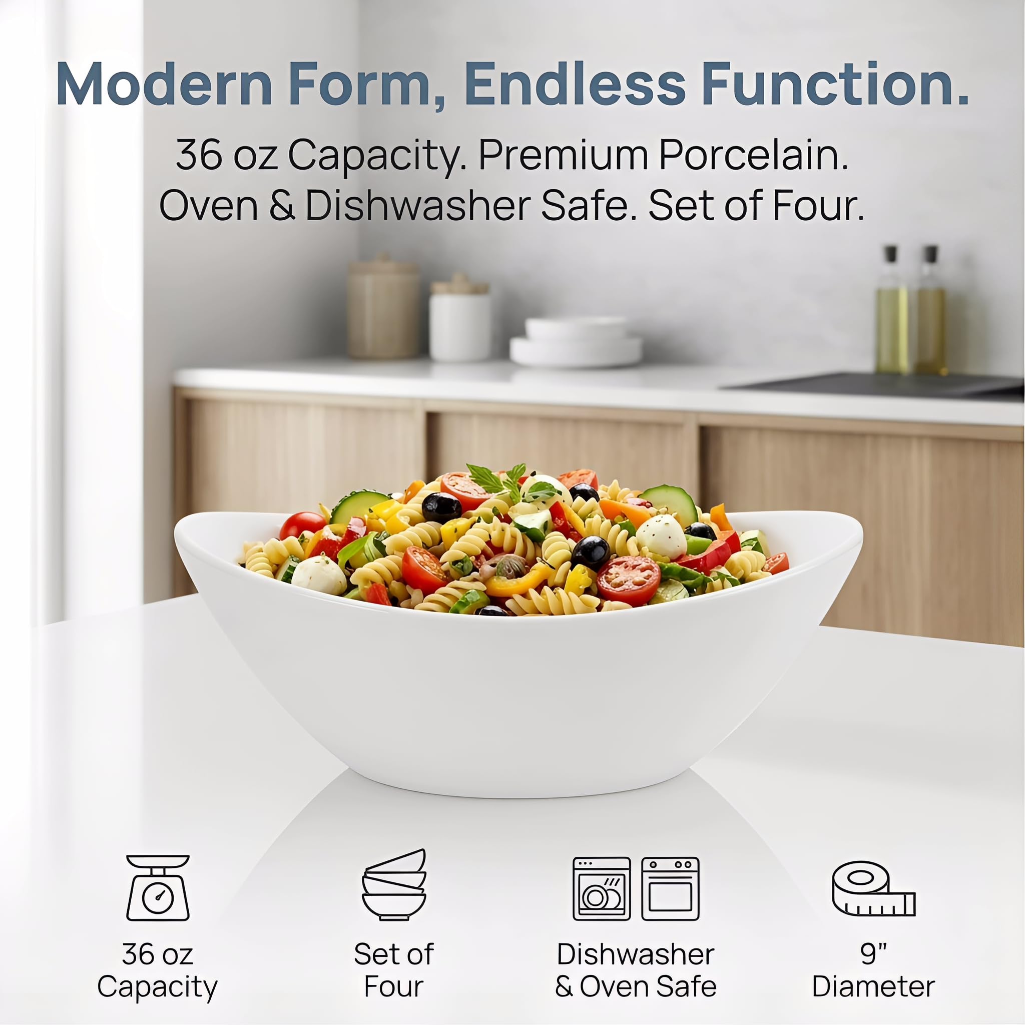Lawei Set of 4 Porcelain Serving Bowls, 1020 ml, Oval Ceramic Mixing Bowls, 9 Inch Serving Bowls for Salads, Spaghetti, Dessert, Veggie, Side Dishes, Microwave and Dishwasher Safe