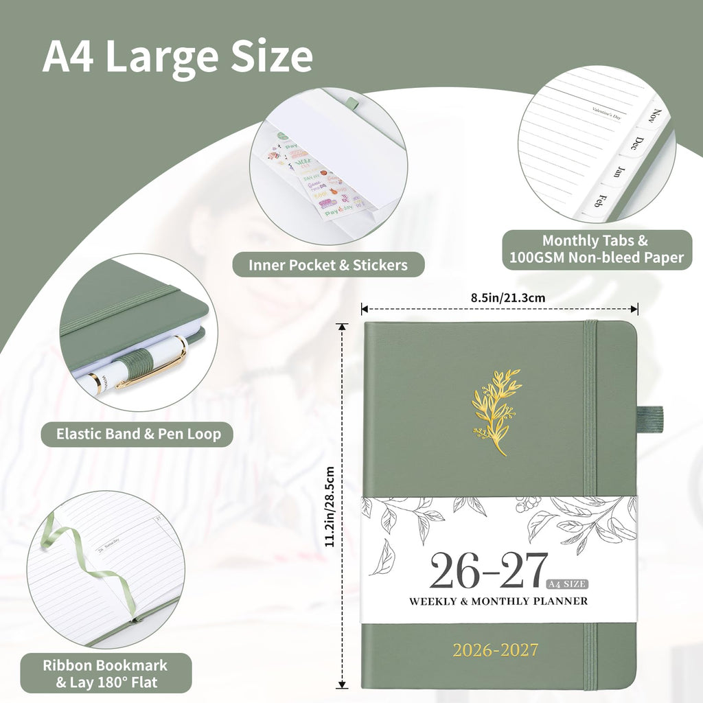 Planner 2026-2027, 8.5" x 11" Weekly and Monthly Planner with Tabs from Jul 2026 - Jun 2027 Academic Year, A4 Large Hardcover Agenda Calendar with Date for School & Office Schedule, Sage Green