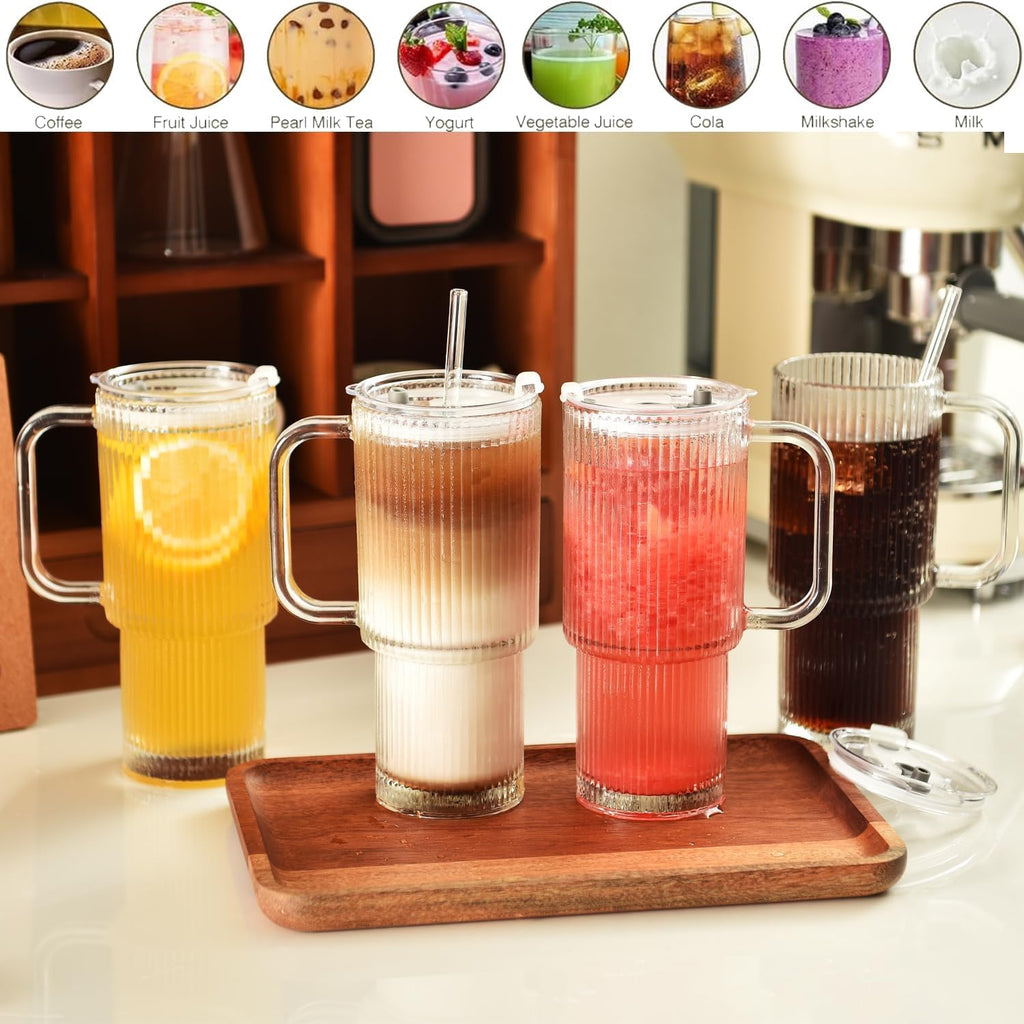 26oz Ribbed Glass Tumbler with Handle & Lid – 2-Pack Large Iced Coffee Cups with Straws, Modern Glass Mug for Cold & Hot Beverages, Aesthetic Travel Cup for Smoothies, Tea, and Juice