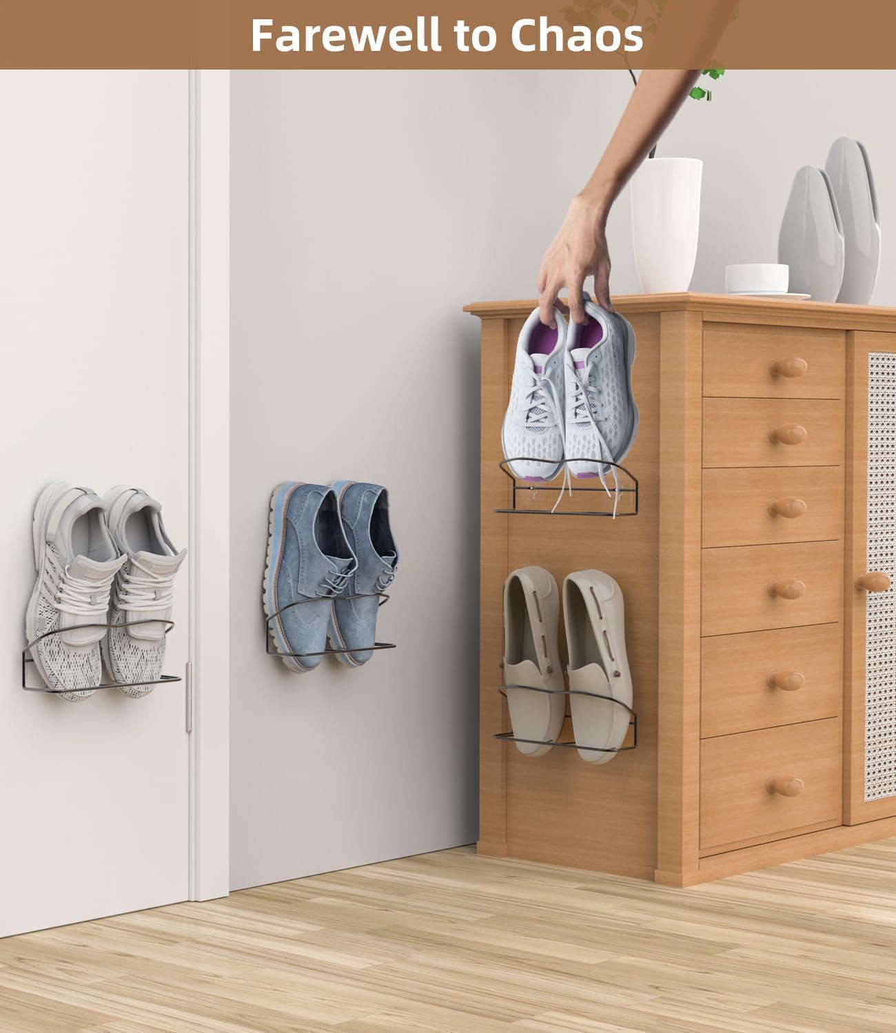 PrimZooty Wall Mounted Shoe Rack 6PCS, with Sticky Hanging Strips, Metal Wall Shoe Storage, Hanging Shoe Organizer for Wall/RV/Door
