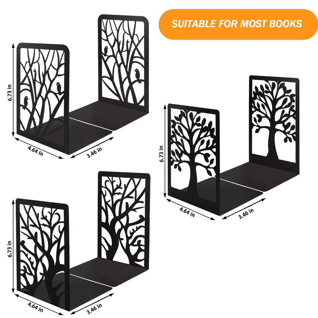 Cyrico Book Ends, 3 Pairs Metal Tree Bookend Holders for Shelves, Heavy Duty Organizer Decorative Book End Stoppers for Home Office School, 6.6 x 4.7 x 3.5 Inch, Black