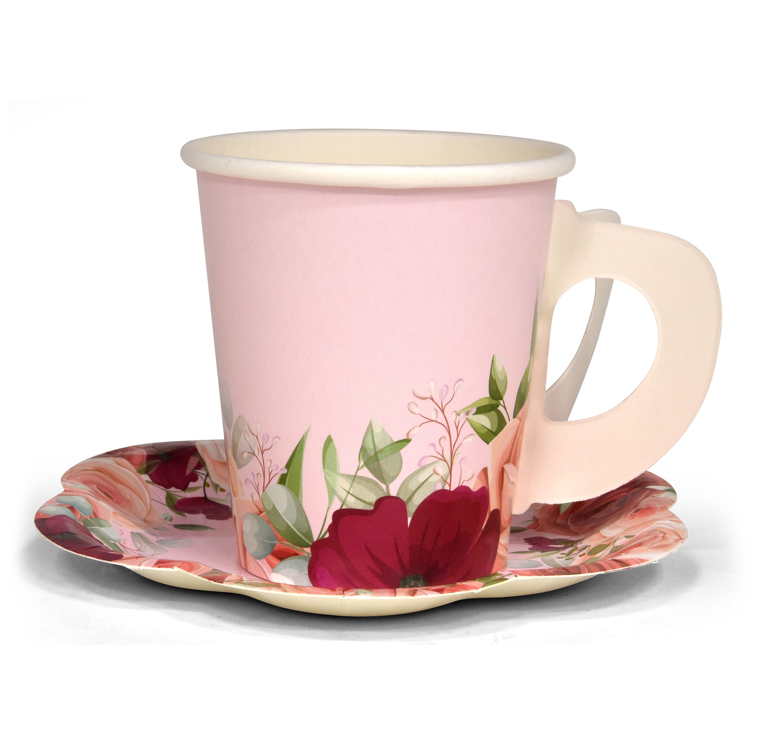 Floral Tea Teacup Party Supplies Set 24 7" Flower Shaped Paper Plates 24 5" Scalloped Saucer Plate 24 7 Oz Tea Cup with Handle 48 Lunch Napkin for Disposable Spring Bridal Baby Shower Wedding Birthday
