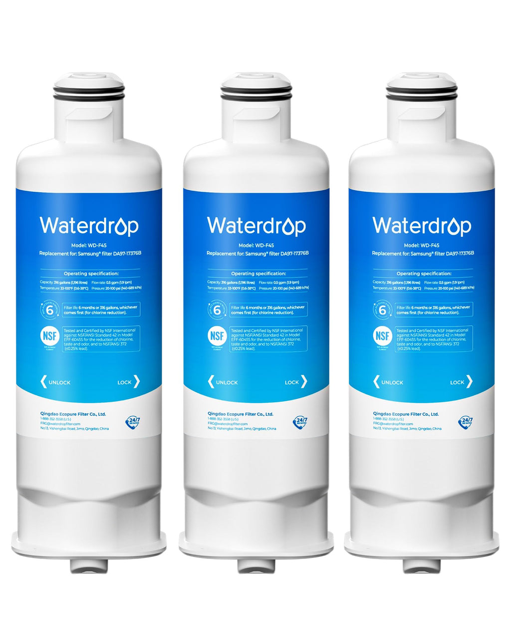 Waterdrop DA97-17376B Replacement for Samsung® HAF-Qin/EXP, DA97-08006C, RF28R7201SR, RF28R7351SG, WD-F45, Refrigerator Water Filter, 3 Filters