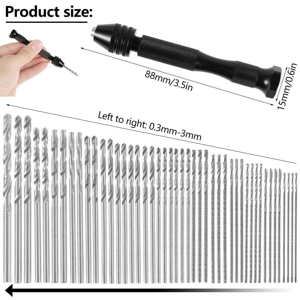 57pcs Pin Vise Hand Drill Bits Set, Mini Hand Drill Rotary Tools Accessories Kit with 0.3-3mm Twist Drills, 0.1-1mm Mini Drills Vise for DIY Clay Resin Casting Molds, Making Jewelry Pendant (57 pcs)