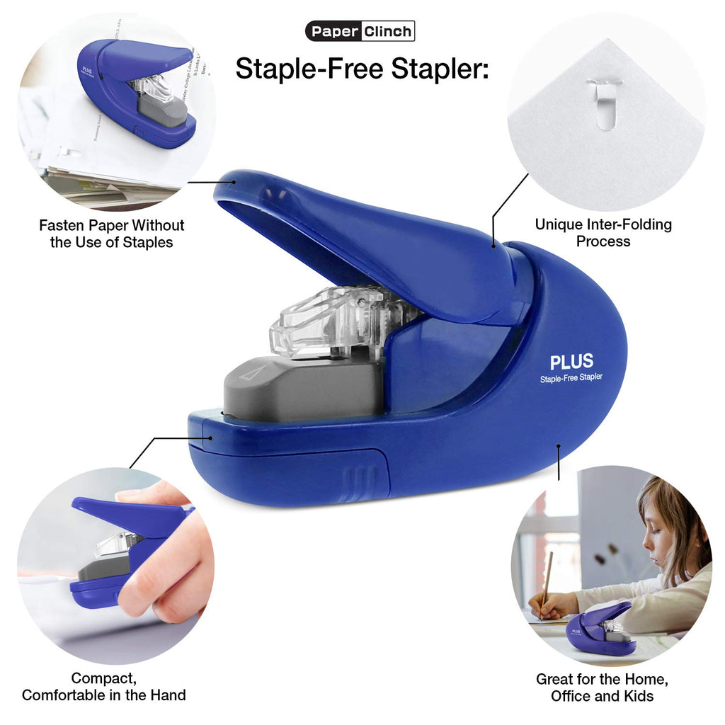 Plus Paper Clinch Compact Staple-Free Stapler, Blue