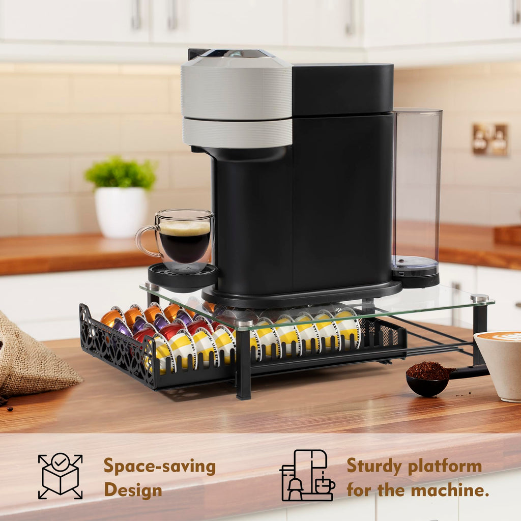 RECAPS Crystal Tempered Glass Organizer Drawer Holder Compatible with Nespresso Vertuo Capsules, K Cup Pod Drawer Coffee Maker Machine Stand.