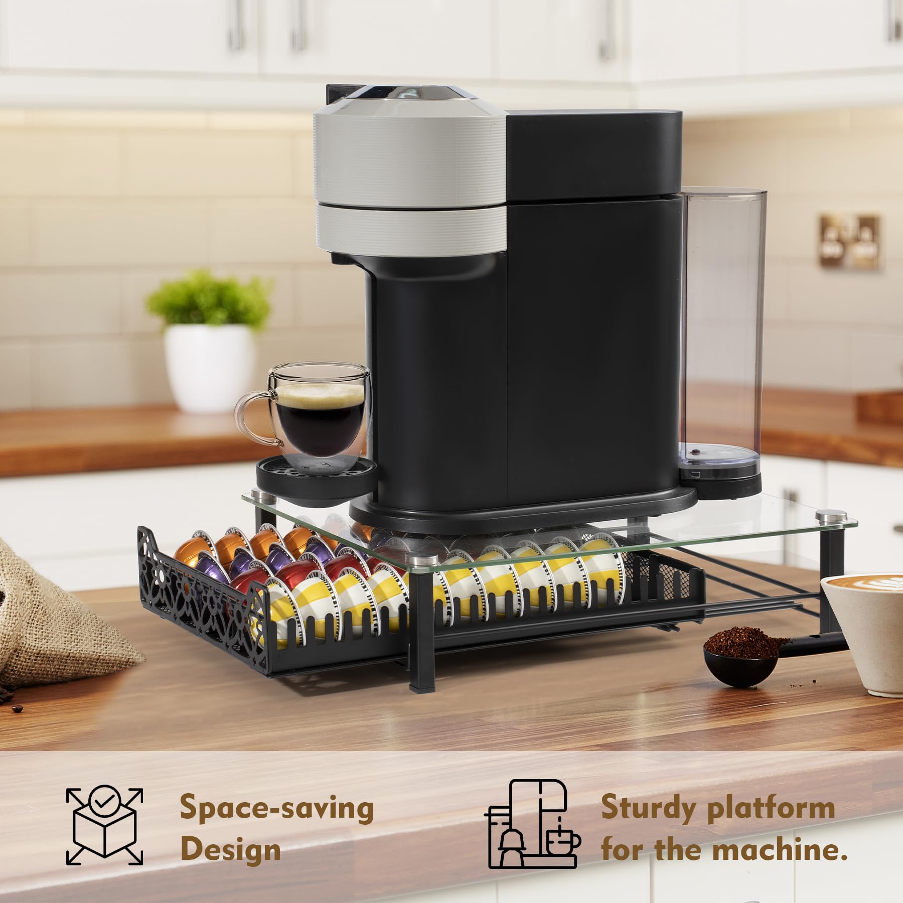 RECAPS Crystal Tempered Glass Organizer Drawer Holder Compatible with Nespresso Vertuo Capsules, K Cup Pod Drawer Coffee Maker Machine Stand.