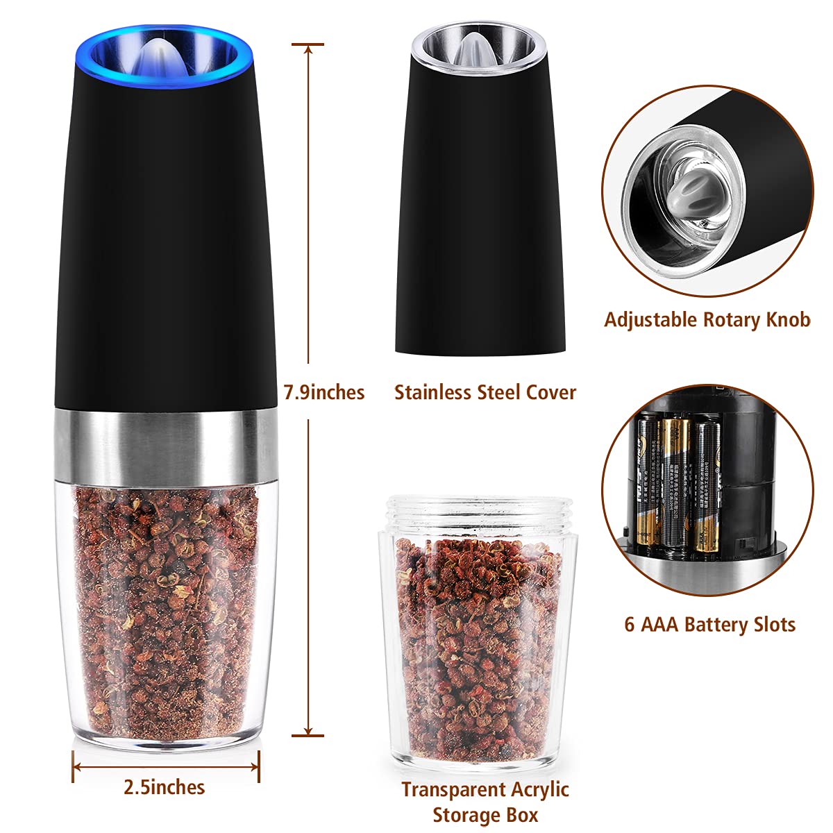 Electric Salt and Pepper Grinder Set: for Gravity Automatic Pepper Grinder, Battery Operated Pepper Mill with Ceramic Grind Adjustable Coarseness Electric Salt Grinder refillable Pepper Shaker 2 Pack