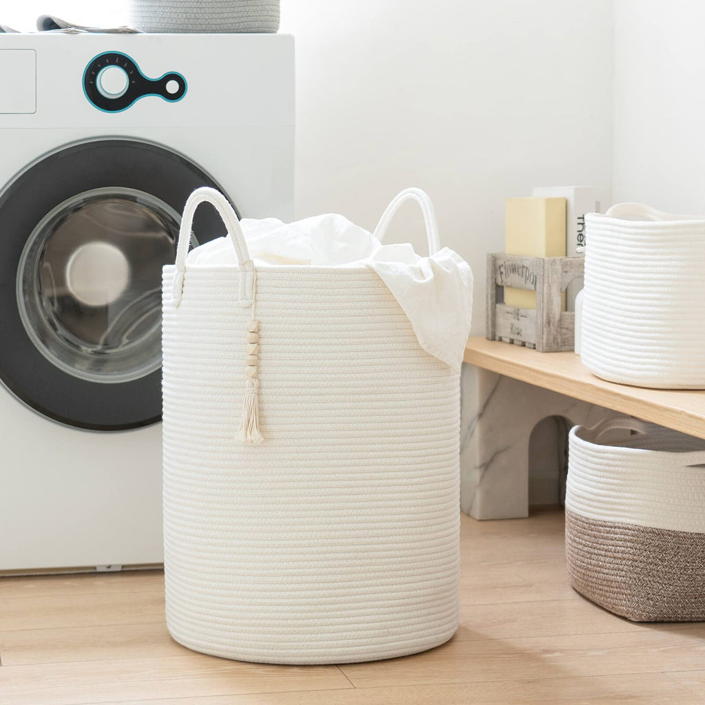 Goodpick Large Laundry Hamper with Handles,Cute Baby Laundry Basket, Tall Laundry Hamper for Clothes, Towels,Woven Rope Toy Storage Basket,Decorative Blanket Basket White, 16 x 20 inches