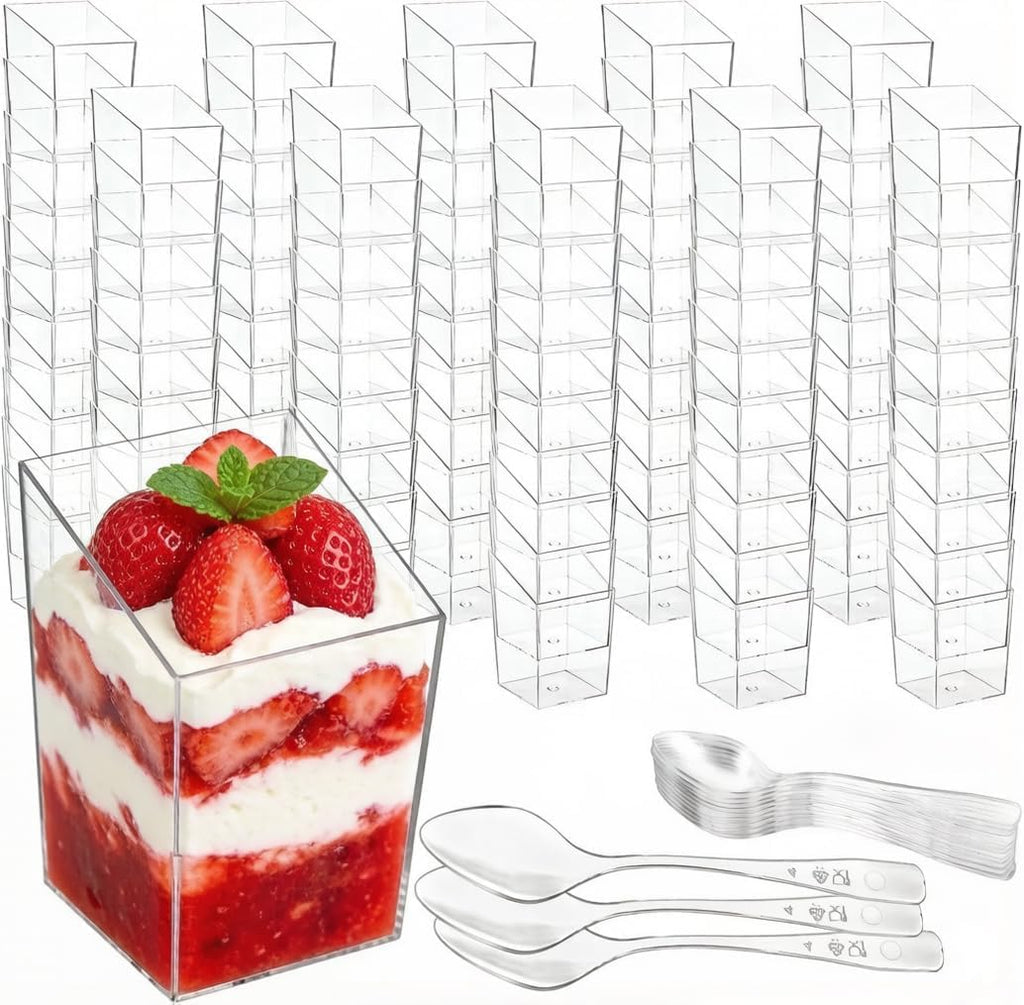 Okllen 100 Pack 3 Oz Mini Dessert Cups with Spoons, Clear Slanted Square Dessert Tumbler Thick Plastic Shot Glasses, Appetizer Parfait Cups Small Serving Bowls for Ice Cream, Puddings, Tasting Party