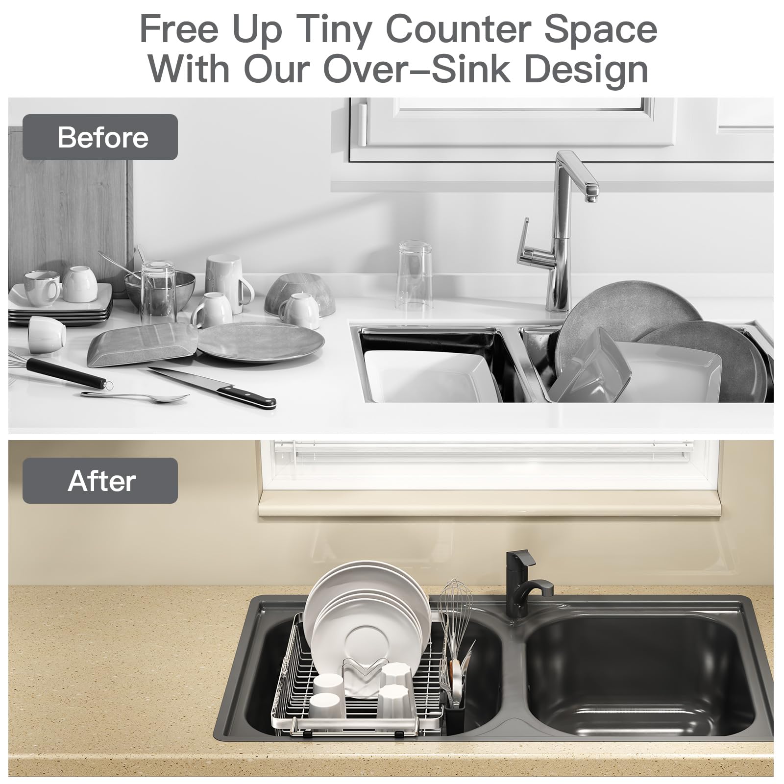 MAJALiS Dish Drying Rack in Sink, Expandable Stainless Steel Over Sink Dish Rack, Adjustable Capacity Dish Strainers for Kitchen Sink Counter with Utensil Holder, Silver