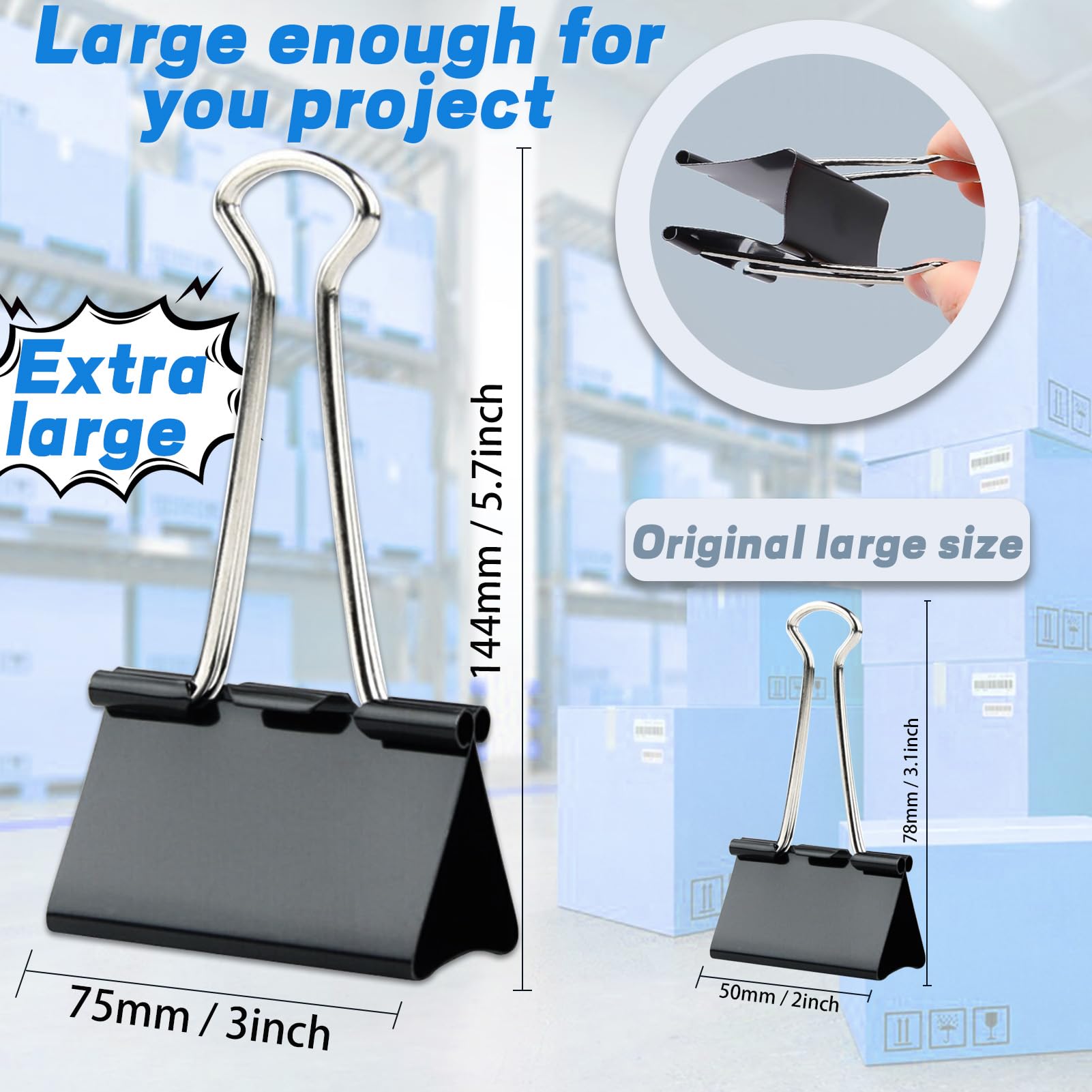 3 Inch Jumbo Binder Clips(12 Pack), Extra Large Binder Clips Heavy Duty Paper Clamps for Office and Home Supplies, Black