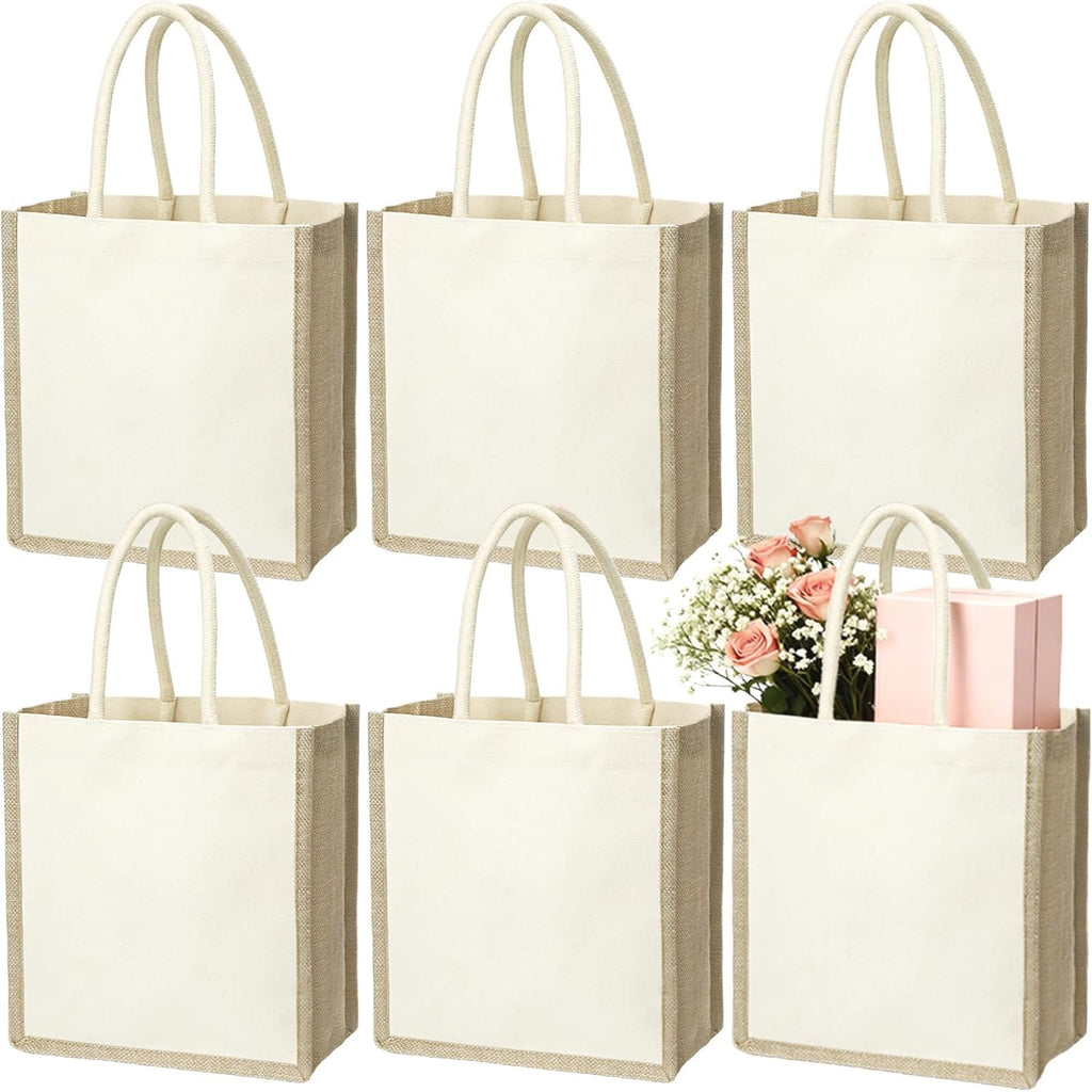 SOUJOY 6 Pack Burlap Tote Bags, 23×25 cm Small Beach Bags, Reusable Jute Gift Tote with Handles, Canvas Grocery Shopping Tote for Bridesmaid, DIY, Shopping, Pool, Wedding Bag