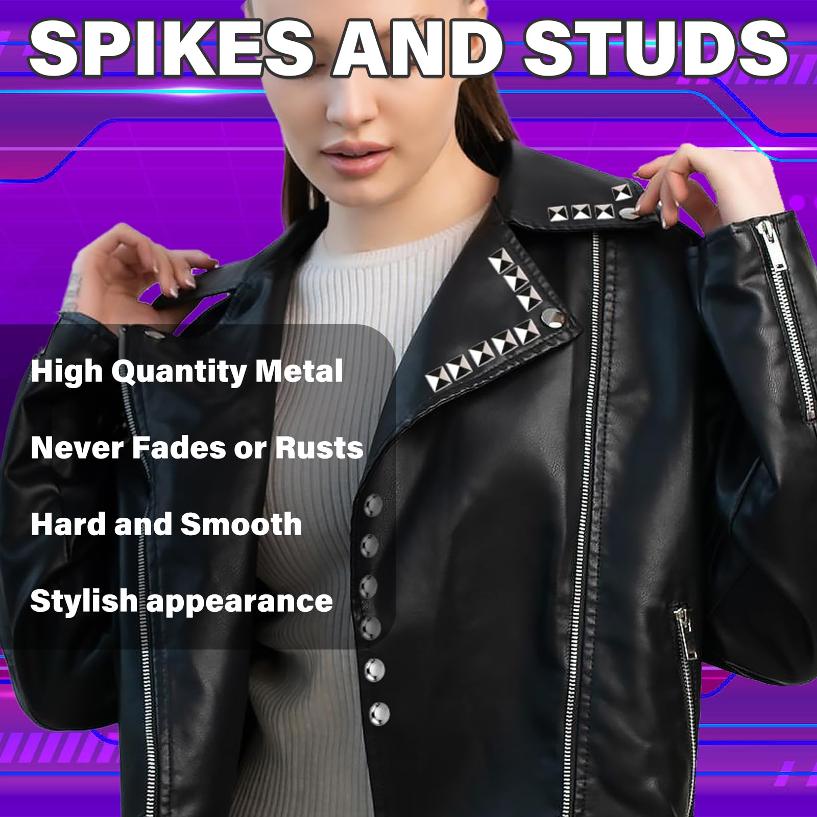 Jollidecor 455 PCS Punk Studs for Clothing, 10 Size Metal Spikes and Studs Leather Rivets for Craft, Square Pyramid Studs Round Dome Rivets DIY Punk Style Decoration for Clothes Shoes Belts Dog Collar