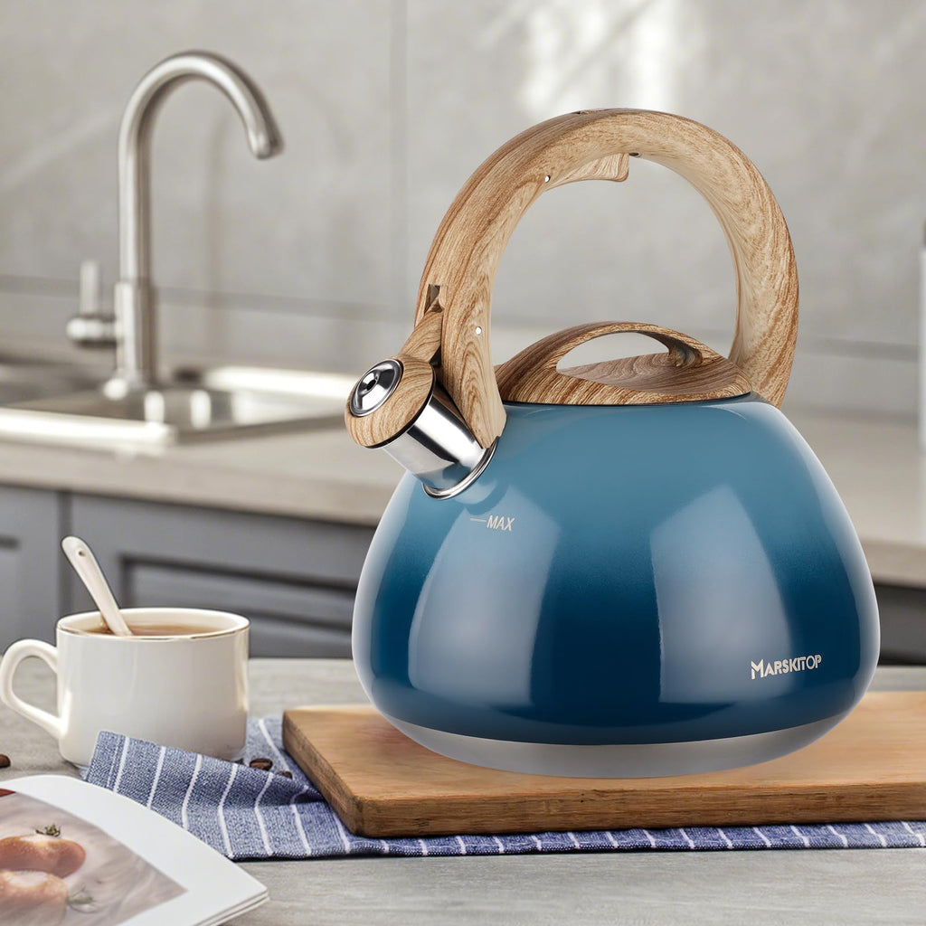 Whistling Tea Kettle for Stove Top Stainless Steel Tea Kettle Small Tea Pots 2.6 Quart with Wood Pattern Anti-Hot Handle (Blue)