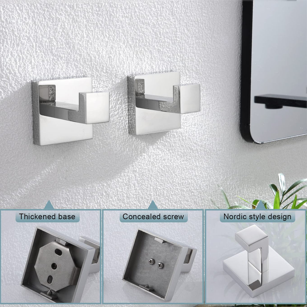 KOKOSIRI Bath Towel Hook Wall Mount Square Robe Hook Coat Hook, Bathroom Kitchen Garage Heavy Duty Wall Mounted, SUS 304 Stainless Steel, Polished Chrome, B1010CH-P2