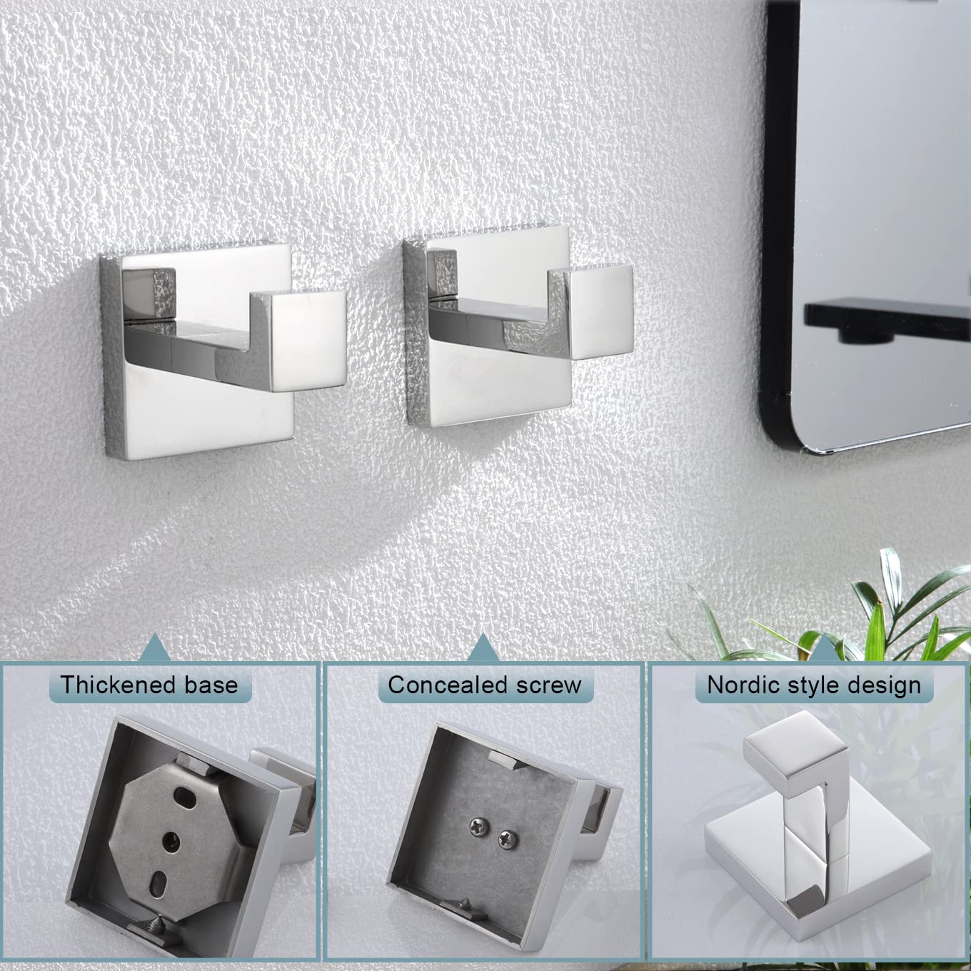 KOKOSIRI Bath Towel Hook Wall Mount Square Robe Hook Coat Hook, Bathroom Kitchen Garage Heavy Duty Wall Mounted, SUS 304 Stainless Steel, Polished Chrome, B1010CH-P2