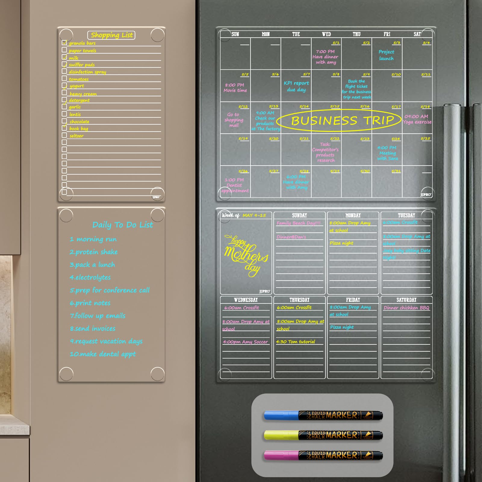 JJPRO Non Magnetic Dry Erase Calendar for Fridge-Reusable Monthly&Weekly Planning Board, List and Blank Board for All Smooth Surfaces. Clear Reusable Board Sticks to Fridge,Wall,Door&Glass