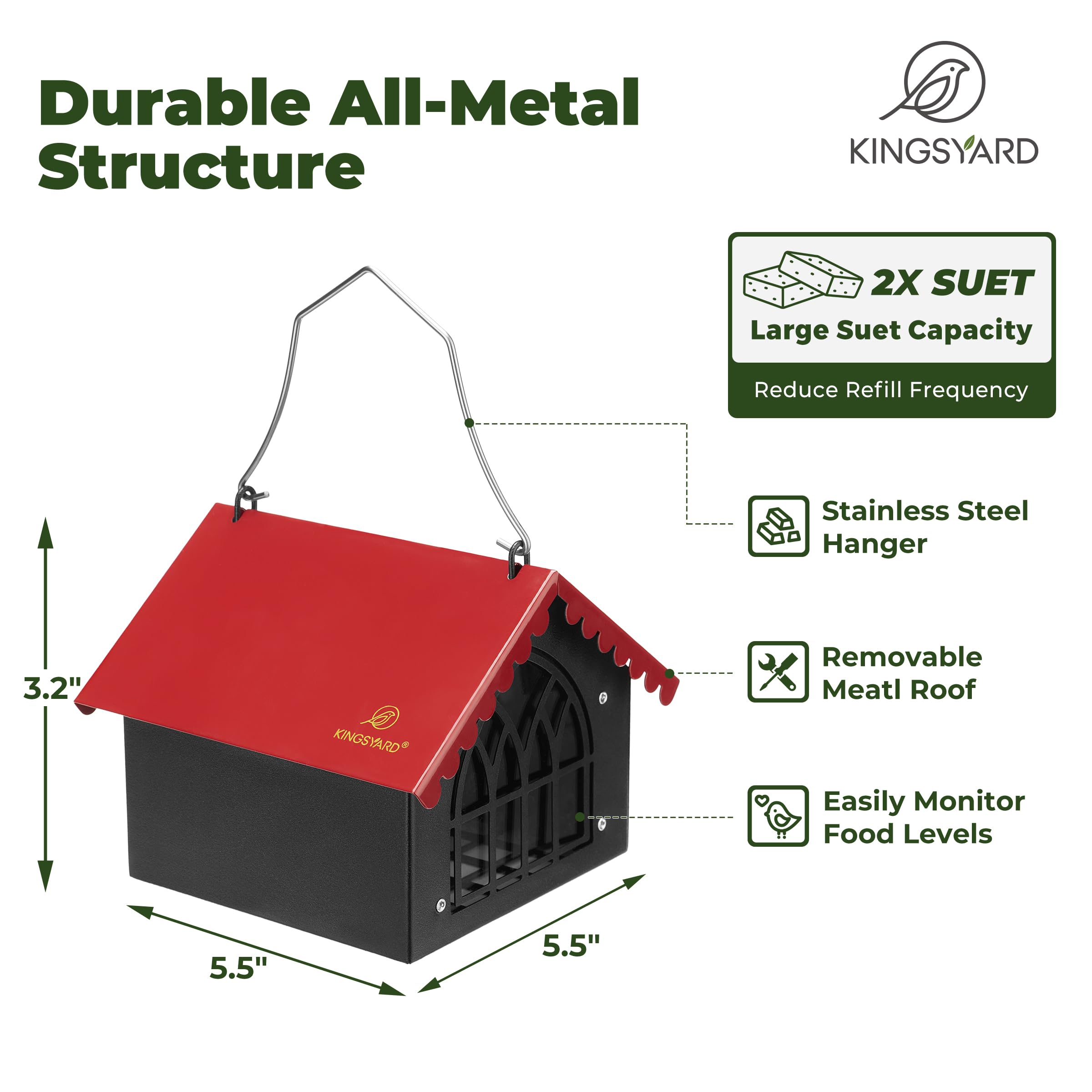 Kingsyard Double Suet Bird Feeder with Weatherproof Roof, All Metal, Upside Down Suet Feeders for Outdoors Hanging, Great for Downy Woodpecker Nuthatch Chickadee, Red