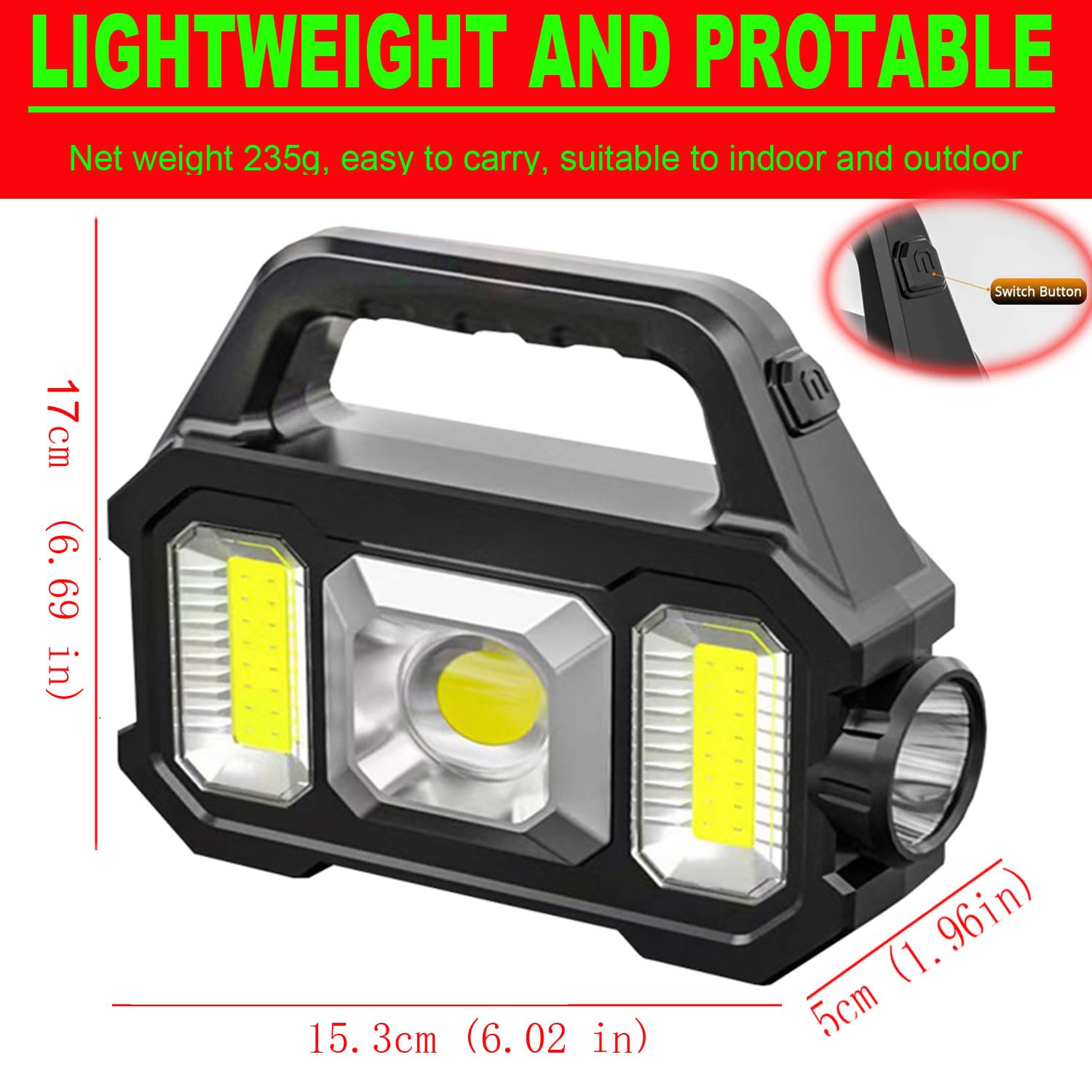 Solar Rechargeable LED Spotlight Flashlight, Super Bright 6000LM Handheld LED Searchlight, Multi-Functional Portable Lamp Camping Lantern Flashlight, 6 Light Modes, IPX4 Waterproof